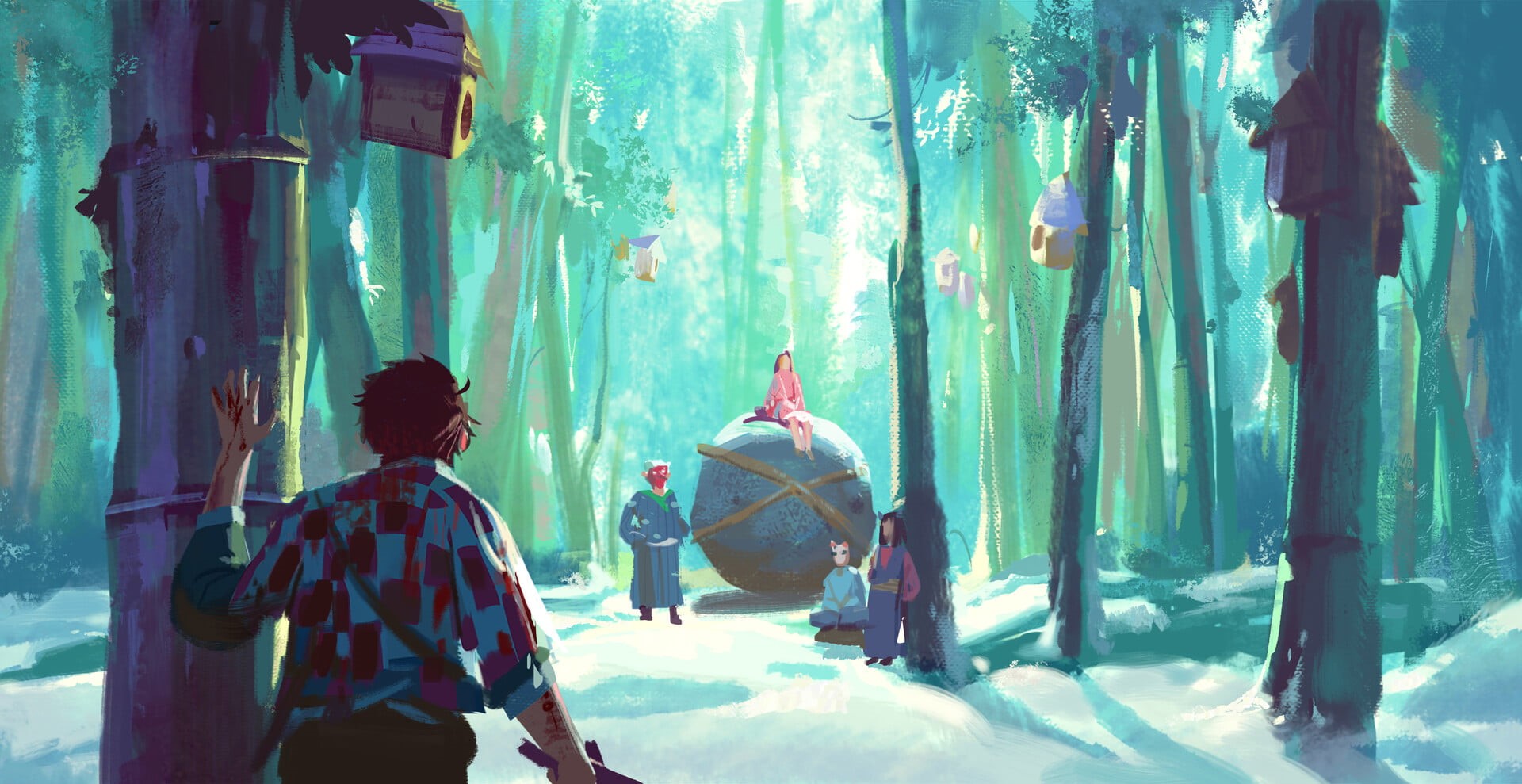 fantasy art, mask, digital art, artwork, Kimetsu no Yaiba, birdhouses, ArtStation, Boulder, Lee Su Yeon, bamboo, Kamado Tanjirō, forest, 1080P, HD Wallpaper