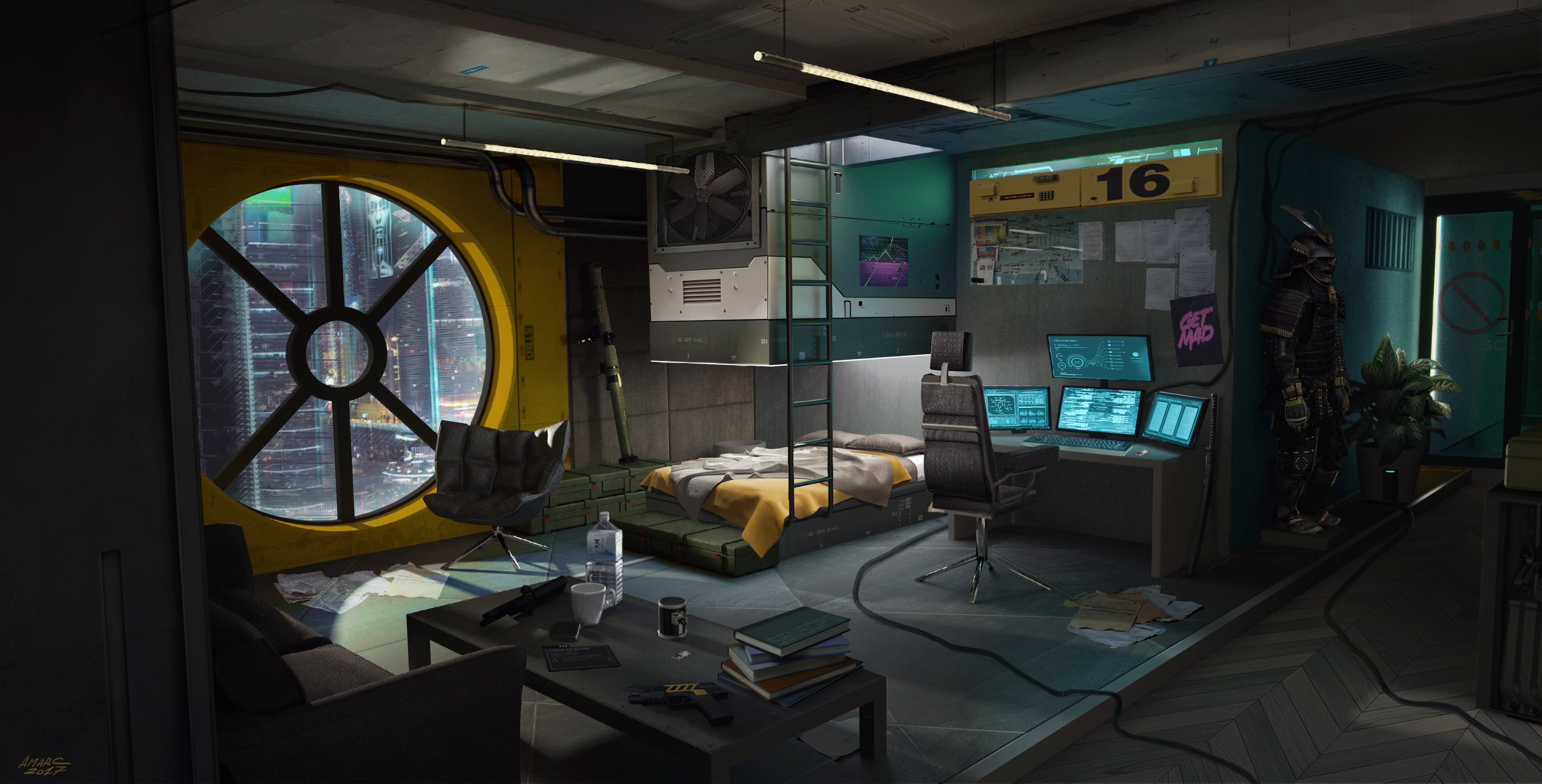 digital painting, artwork, video game art, Cyberpunk 2077, 2K, fan art, room, video games, Adrian Marc, ArtStation, samurai, cyberpunk, digital art, HD Wallpaper