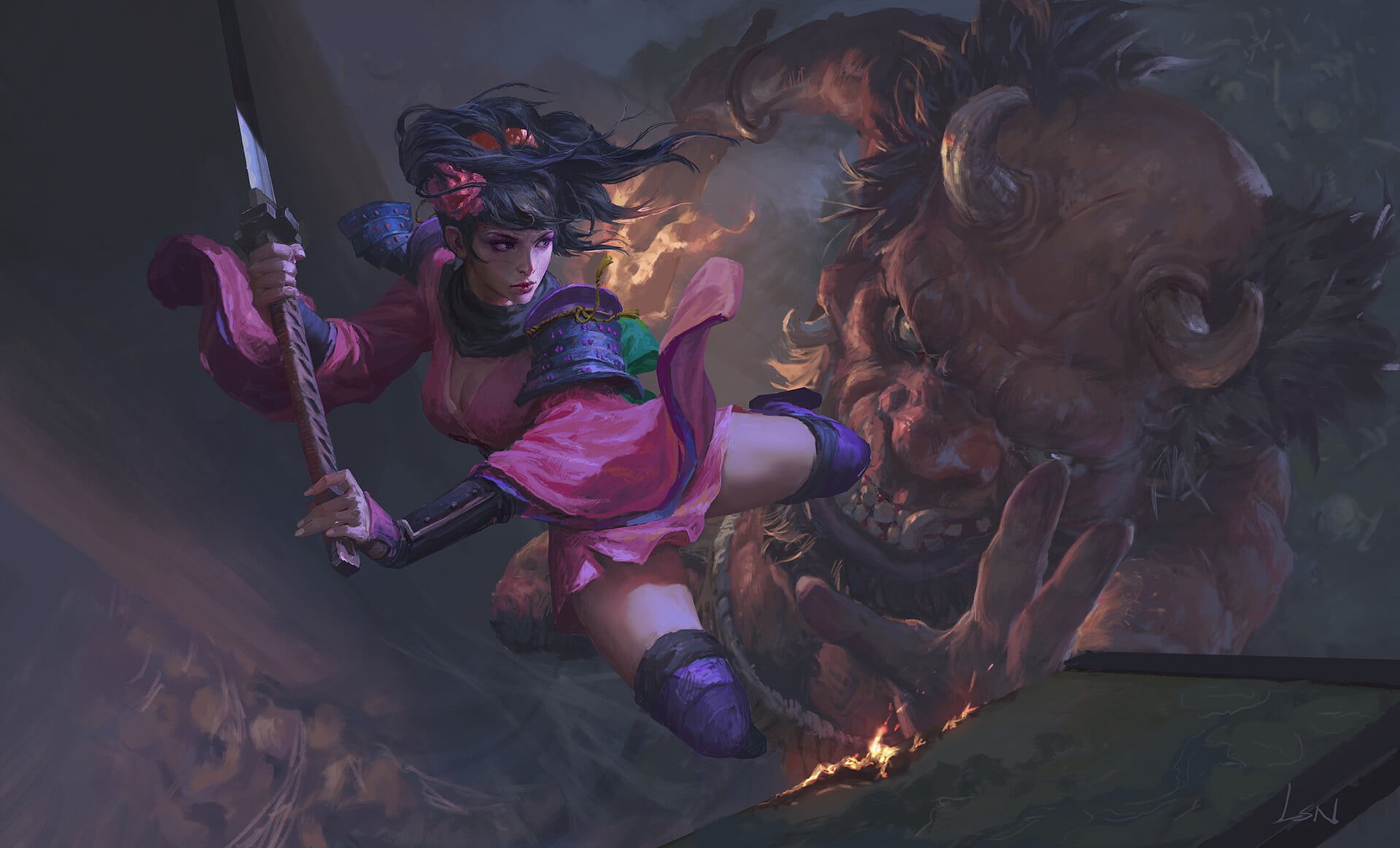 weapon, fantasy art, Momohime, demon, digital art, ArtStation, video game art, 2D, drawing, video games, video game characters, artwork, illustration, video game girls, HD Wallpaper