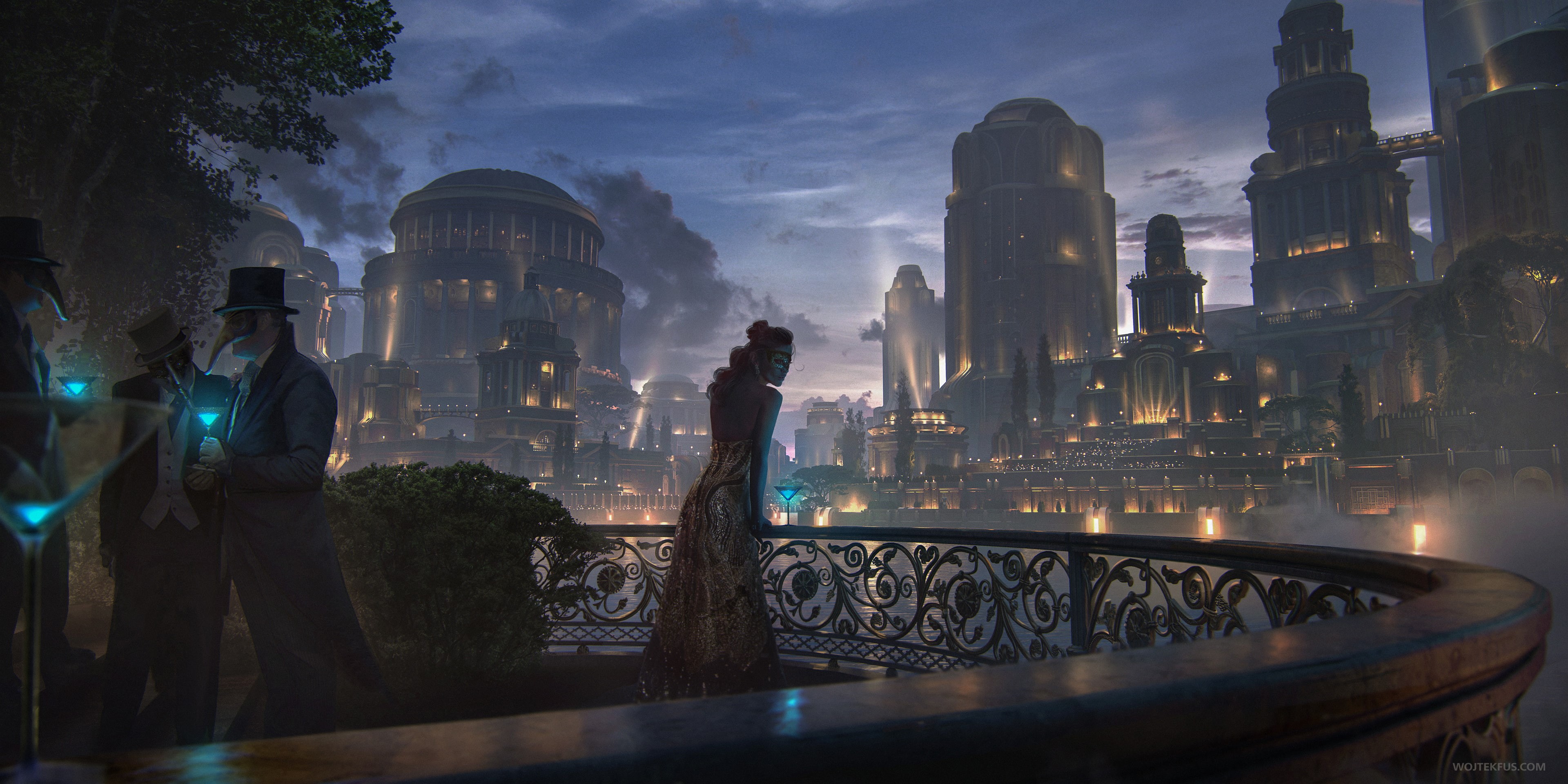 Wojtek Fus, fantasy art, fan art, women, mask, digital art, city, 4K, HD Wallpaper