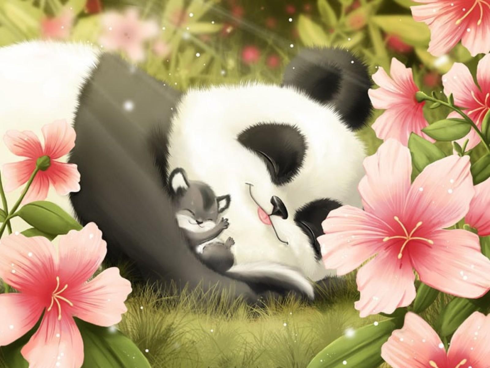 hibiscus, sleeping, pink, smiling, cub, cute, flowers, panda, grass, 720P, HD Wallpaper