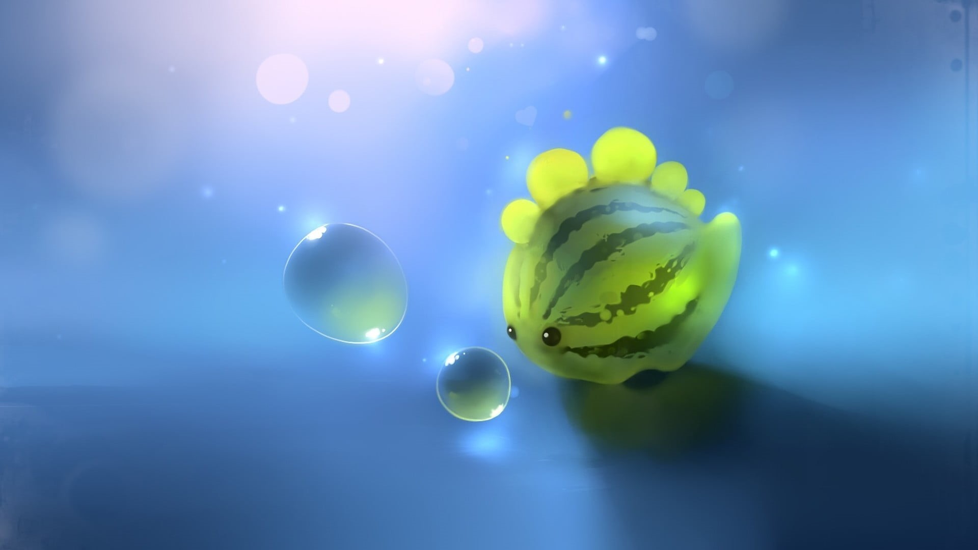 indoors, bubble, sphere, watermelon dino, reflection, yellow, jellyfish, blue, earth, close-up, colored background, group of objects, no people, circle, HD Wallpaper