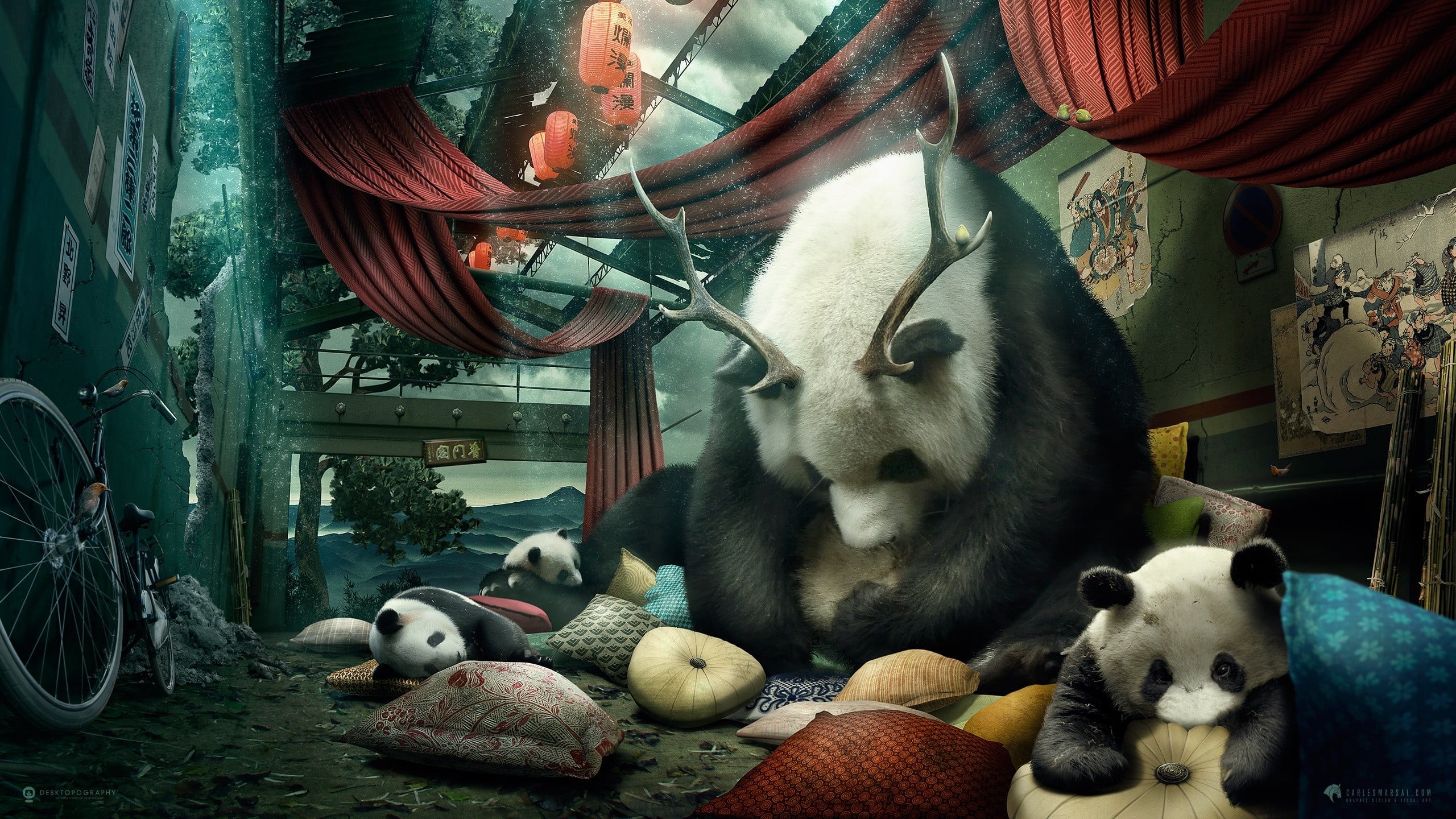 animal head, one animal, panda, craft, black, digital art, Desktopography, toy, pandas, day, white, decoration, animal wildlife, representation, indoors, HD Wallpaper