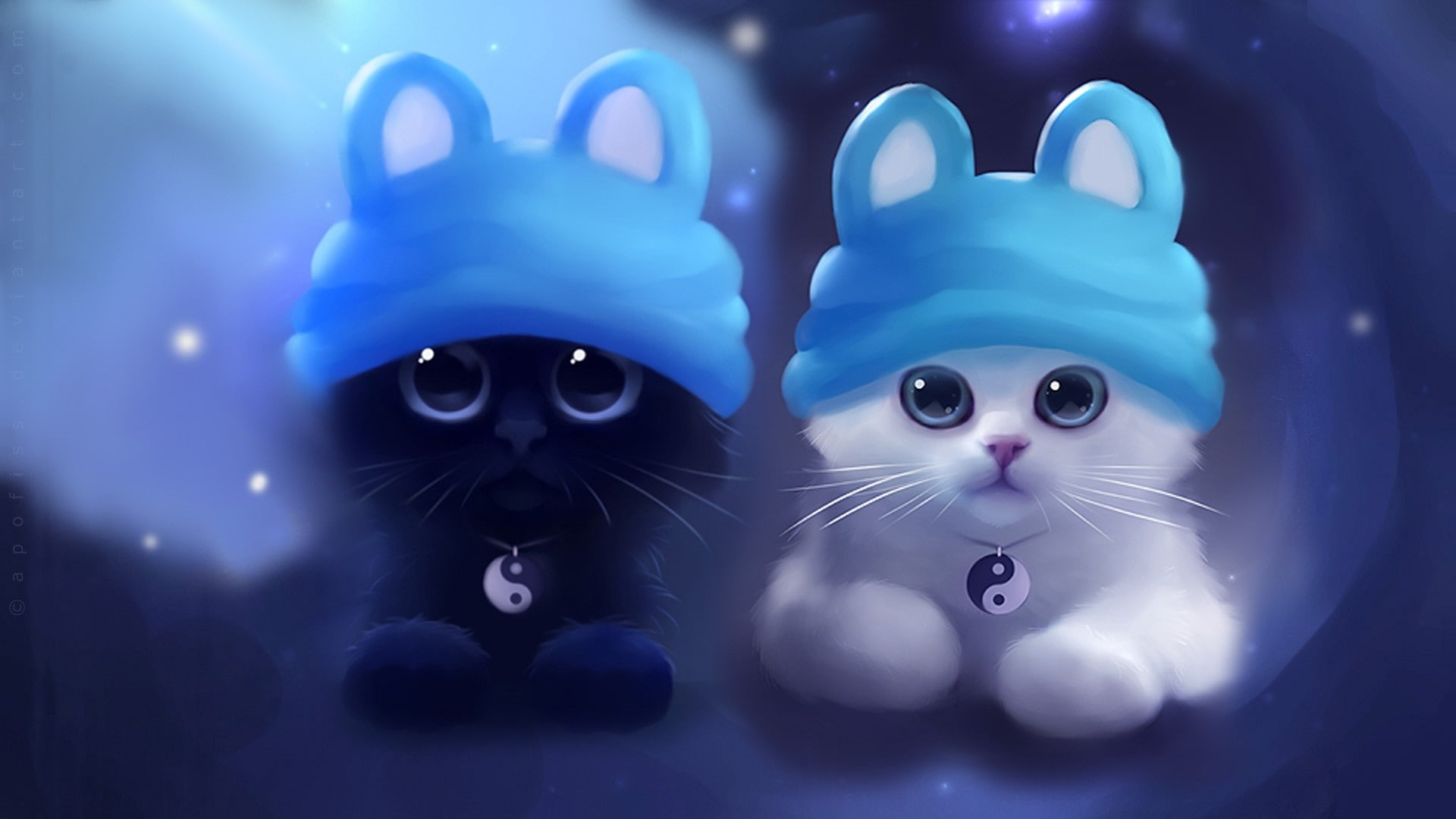 cat, artwork, Yin and Yang, Apofiss, 1080P, hat, HD Wallpaper