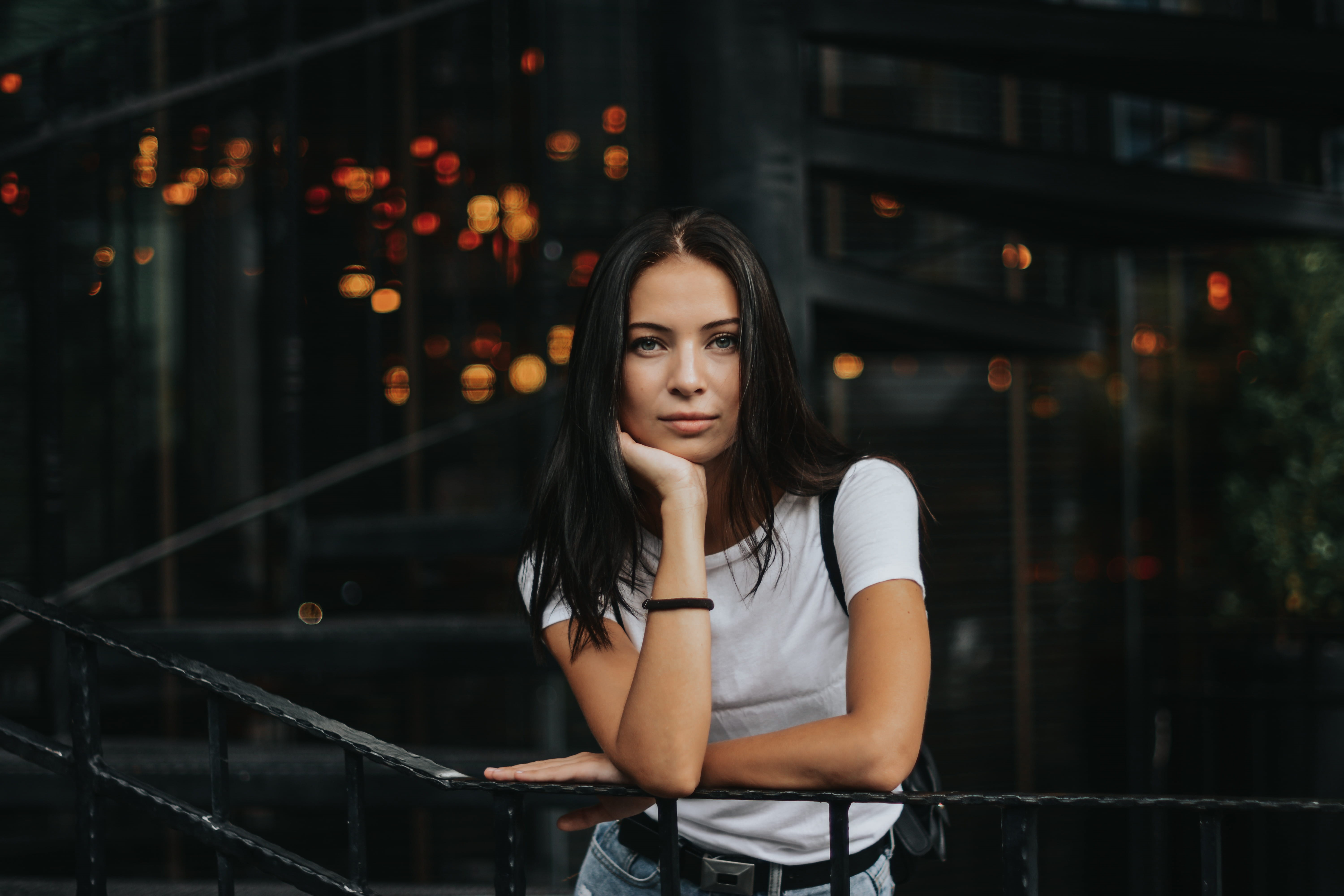 railing, crew, night, contemplation, street, young adult, palm, style, woman, lifestyles, front view, looking at camera, famou, neck, long hair, dark, beautiful woman, HD Wallpaper
