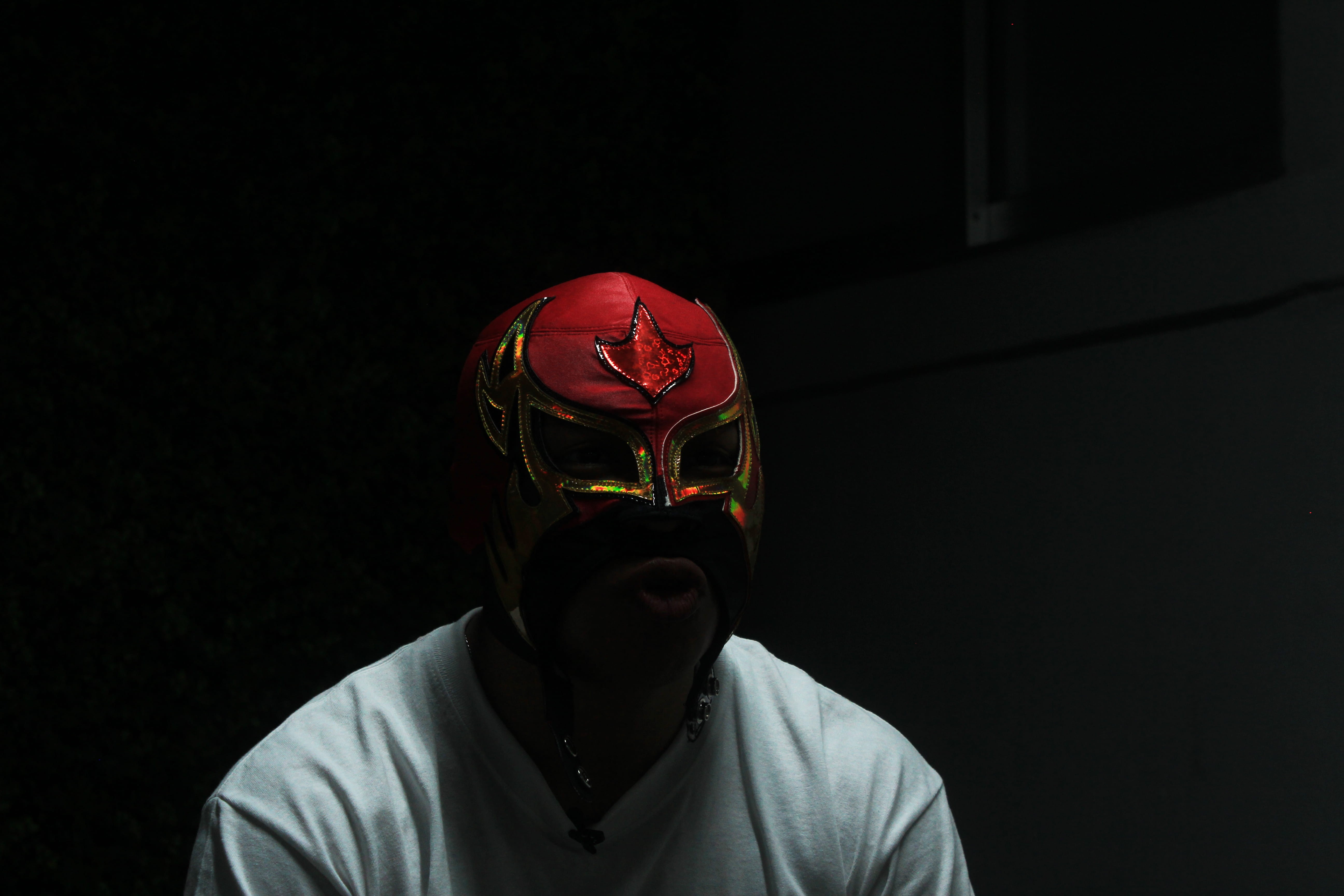 shirt, one Person, lucha libre, standing, lifestyles, mask - Disguise, black background, studio shot, dark, front view, Roja, man, mask, looking at camera, HD Wallpaper