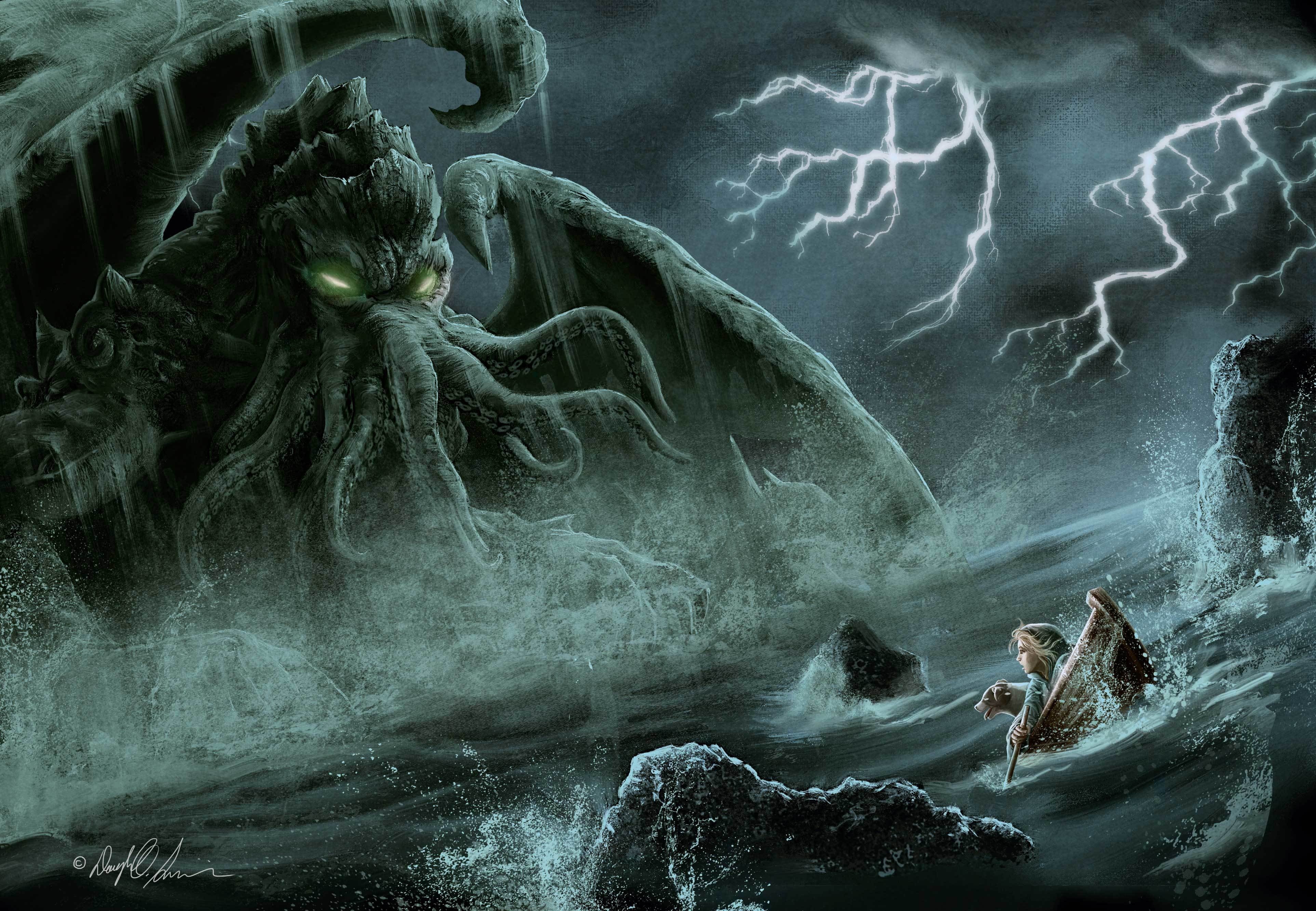 dog, Douglas A. Sirois, octopus, beauty in nature, girl, outdoors, women, motion, fear, flowing, boat, nature, people, painting, art and craft, power in nature, HD Wallpaper