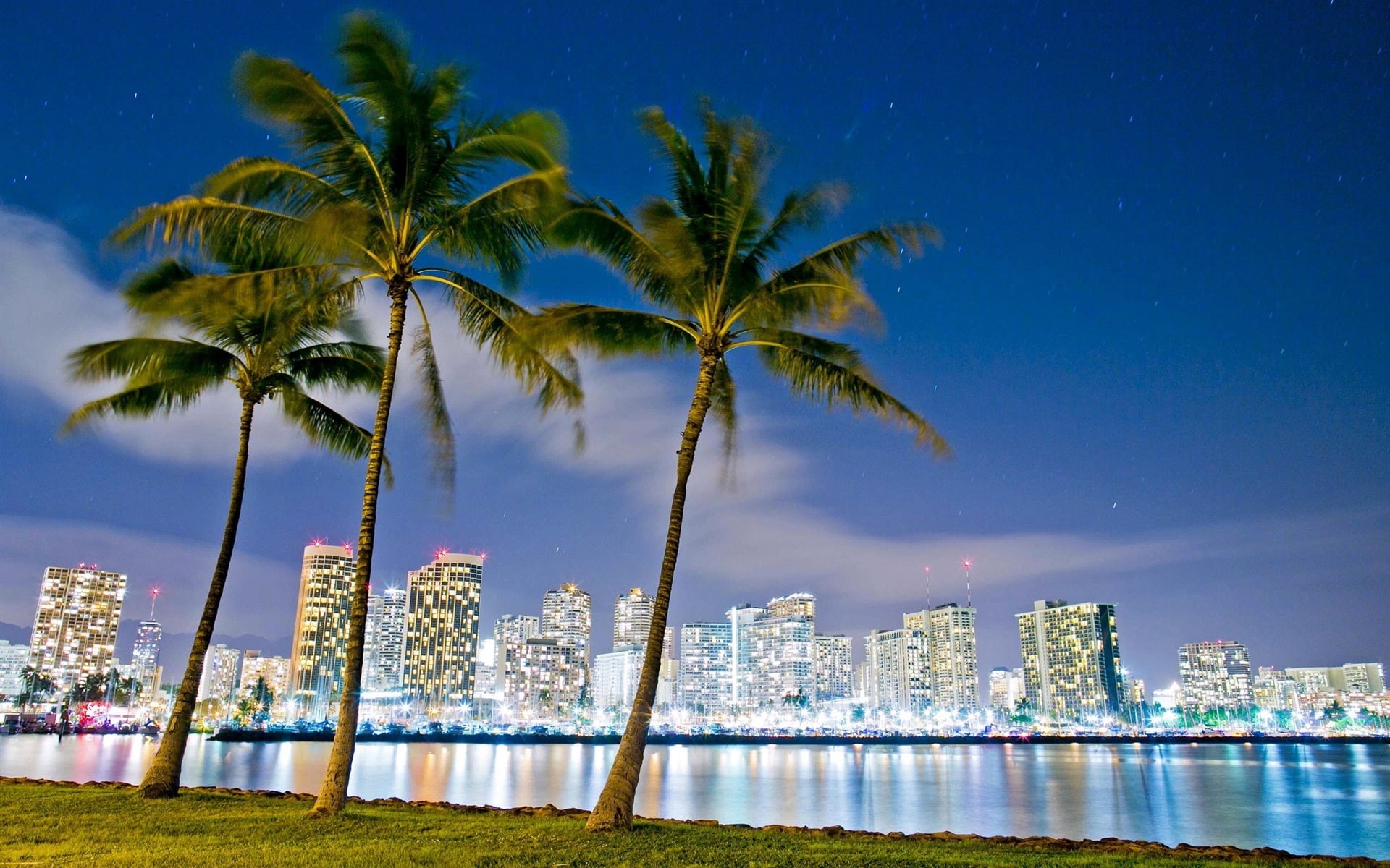Park, Buildings, Night, 1080P, Hawaii, Beach, Honolulu, Lights, HD Wallpaper
