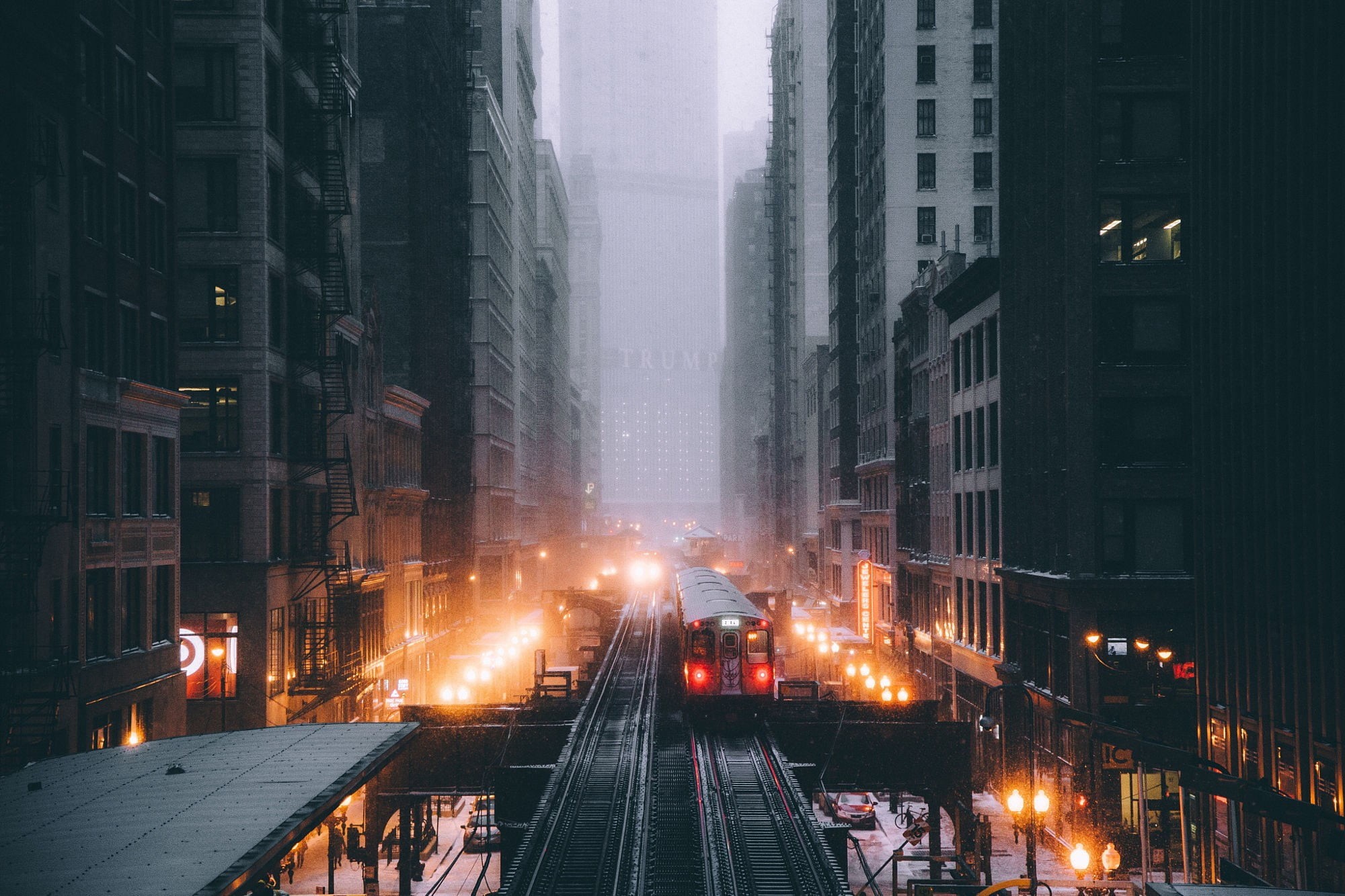 city Life, skyscraper, building, dusk, lighting Equipment, illuminated, railroad track, car, office building exterior, buildings, built Structure, transportation, HD Wallpaper