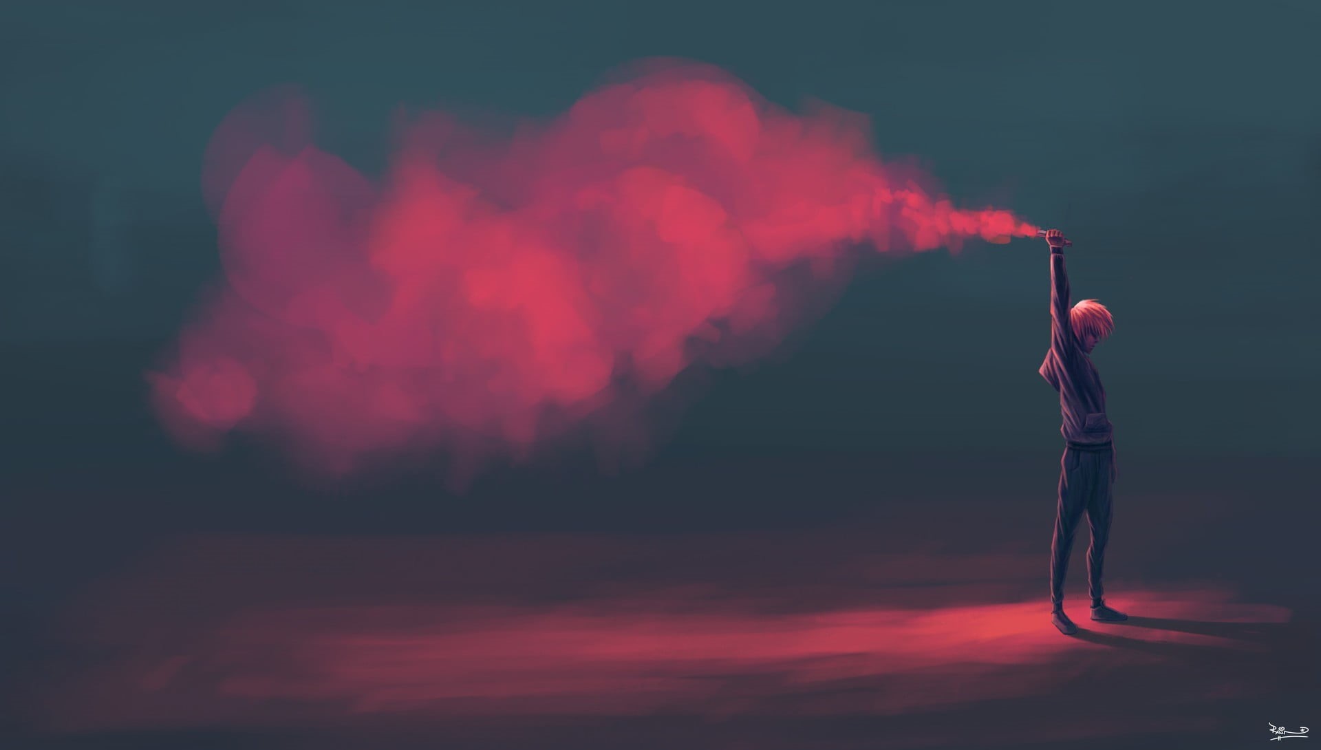 men, artwork, flares, standing, one person, side view, communication, obscured face, full length, creativity, smoke, outdoors, 1080P, hoodie, sign, red, HD Wallpaper