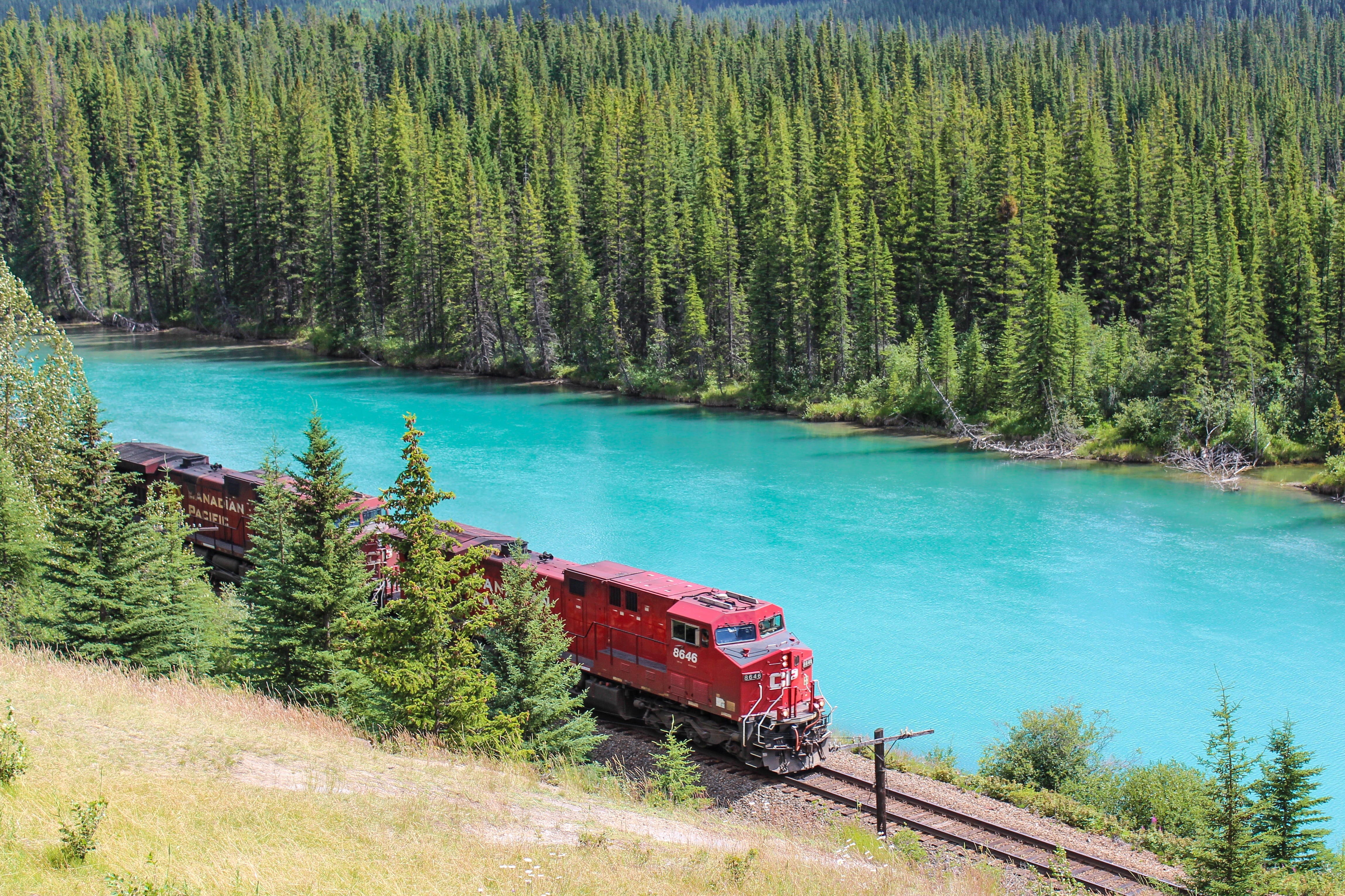 red, mountain, idyllic, metal, coniferous tree, track, blue, engine, aqua, scenics, transportation, vintage, sky, steel, turquoise colored, rail, train, HD Wallpaper