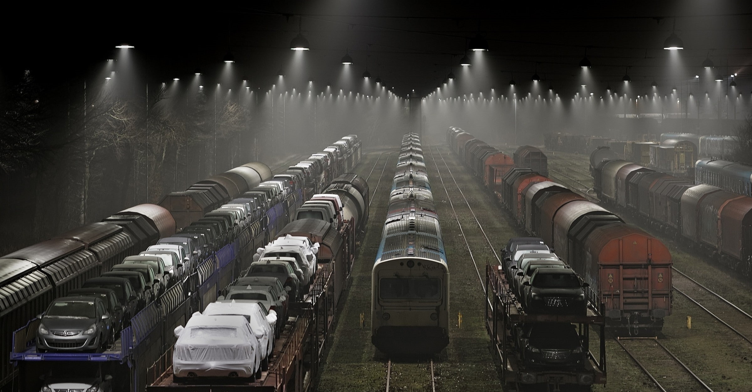 Denmark, in a row, repetition, mist, 1080P, fog, aisle, night, arrangement, side by side, abundance, freight train, industry, indoors, diminishing perspective, HD Wallpaper