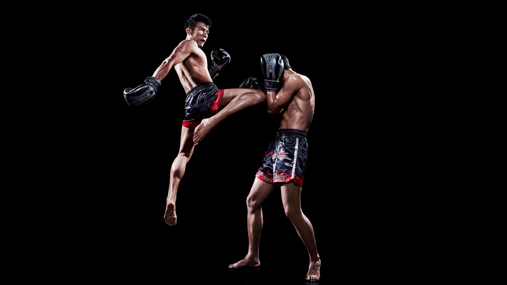 shorts, kneed, black, two, 1080P, muay thai, men, red, s, fighter, HD Wallpaper