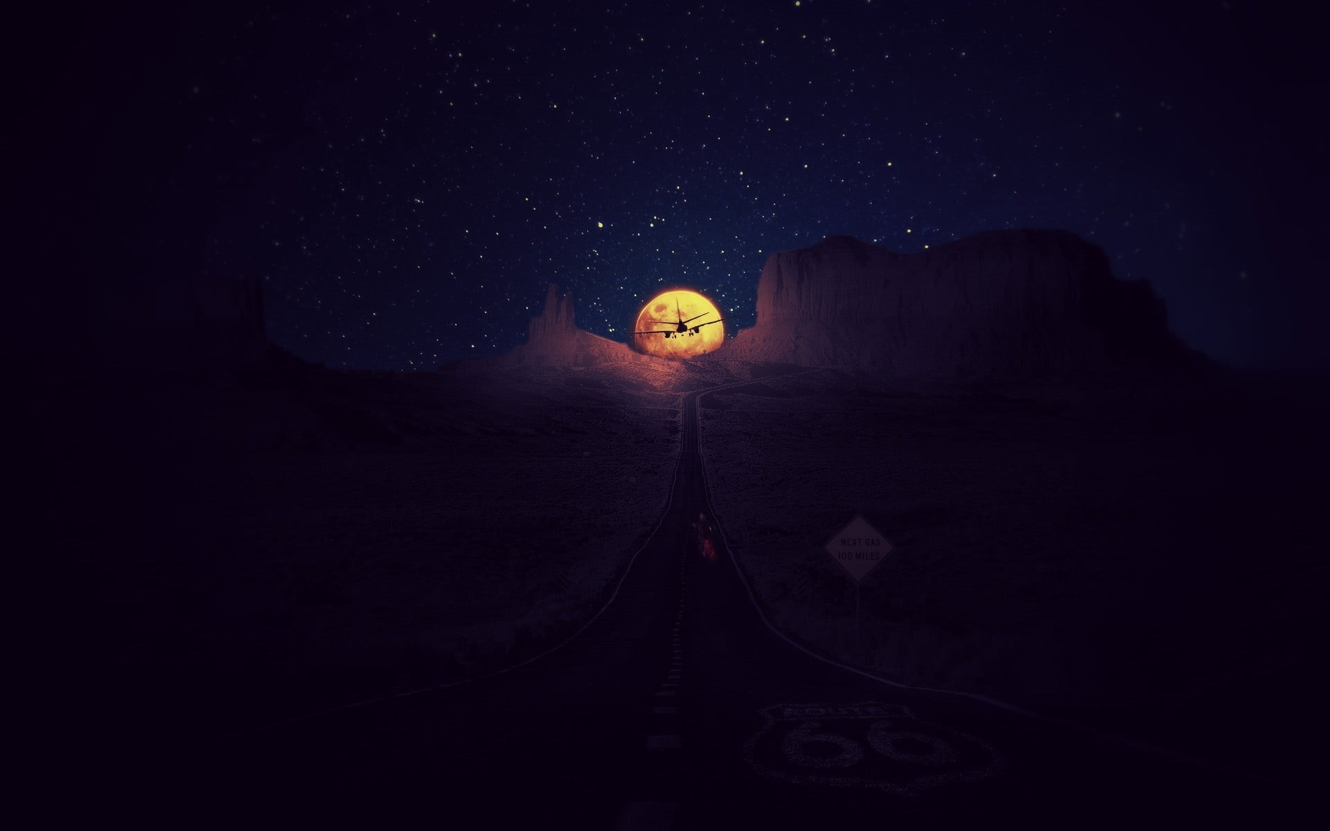 scenics - nature, digital composite, galaxy, silhouette, space, mountain, transportation, full moon, illuminated, sunset, no people, space and astronomy, HD Wallpaper