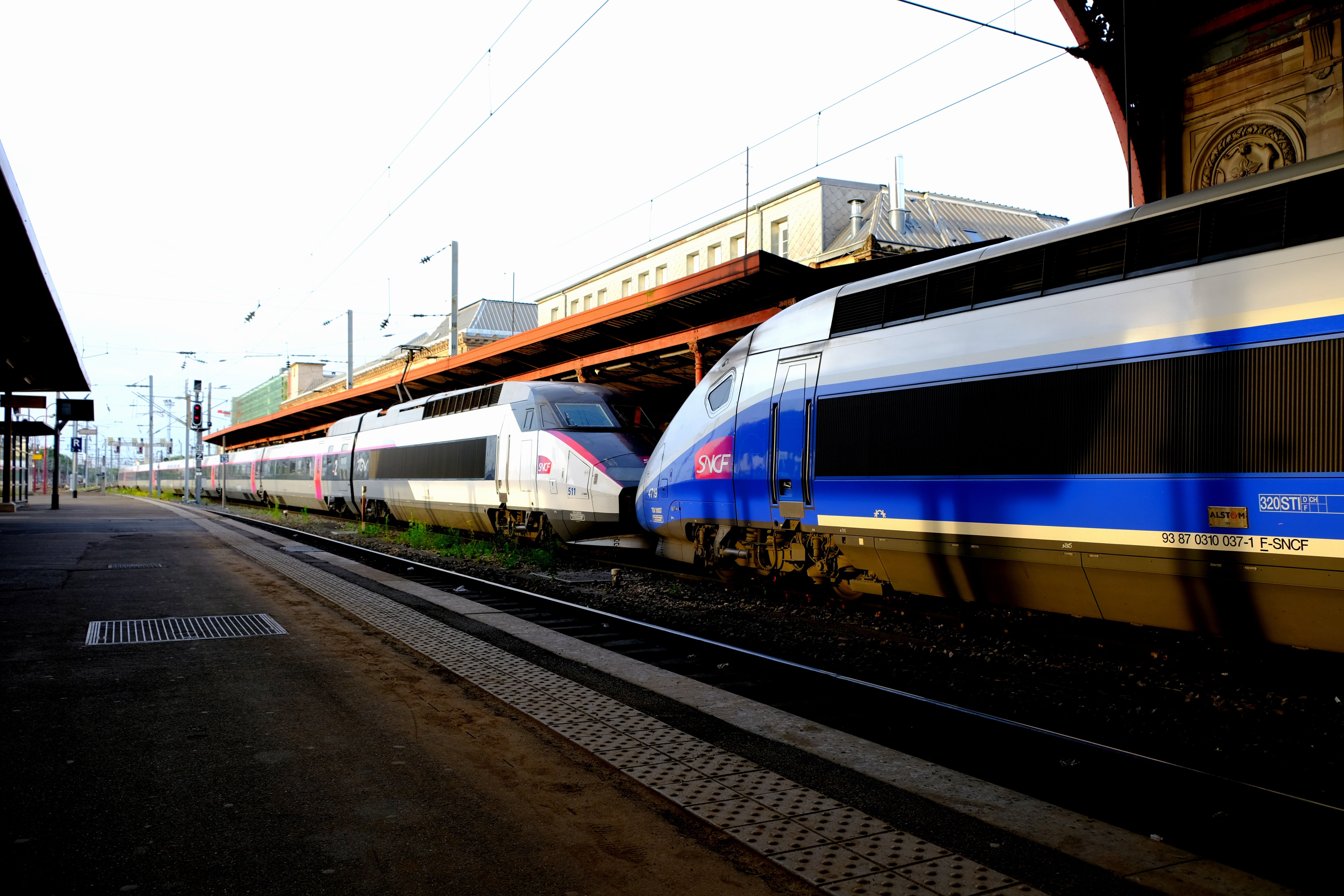 railway station, double decker, transport, blue, drive, new model, platform, white, remote traffic, train, gleise, trains, motion, architecture, no people, HD Wallpaper