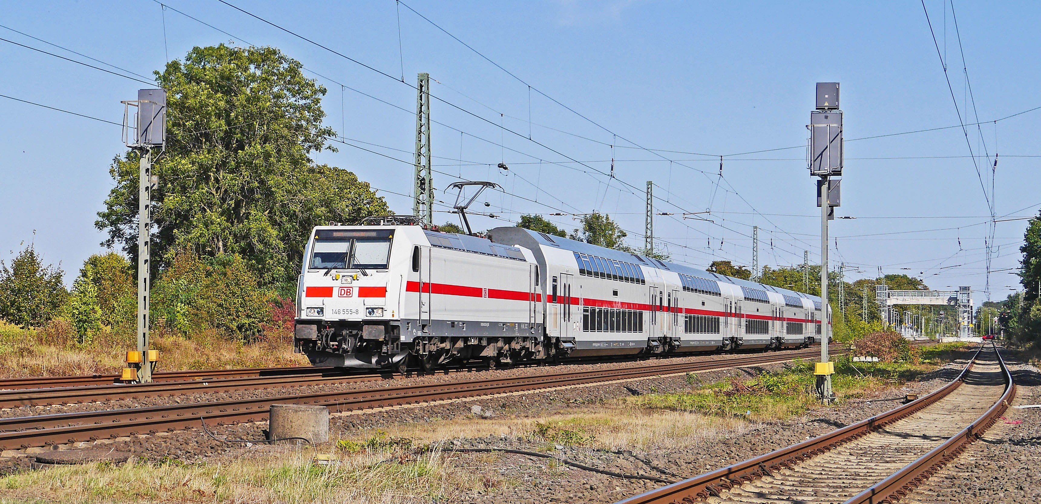 rail traffic, platform overpass, nature, rail transportation, remote traffic, intercity, br146, railway, db, public transportation, train, motion, railroad track, HD Wallpaper
