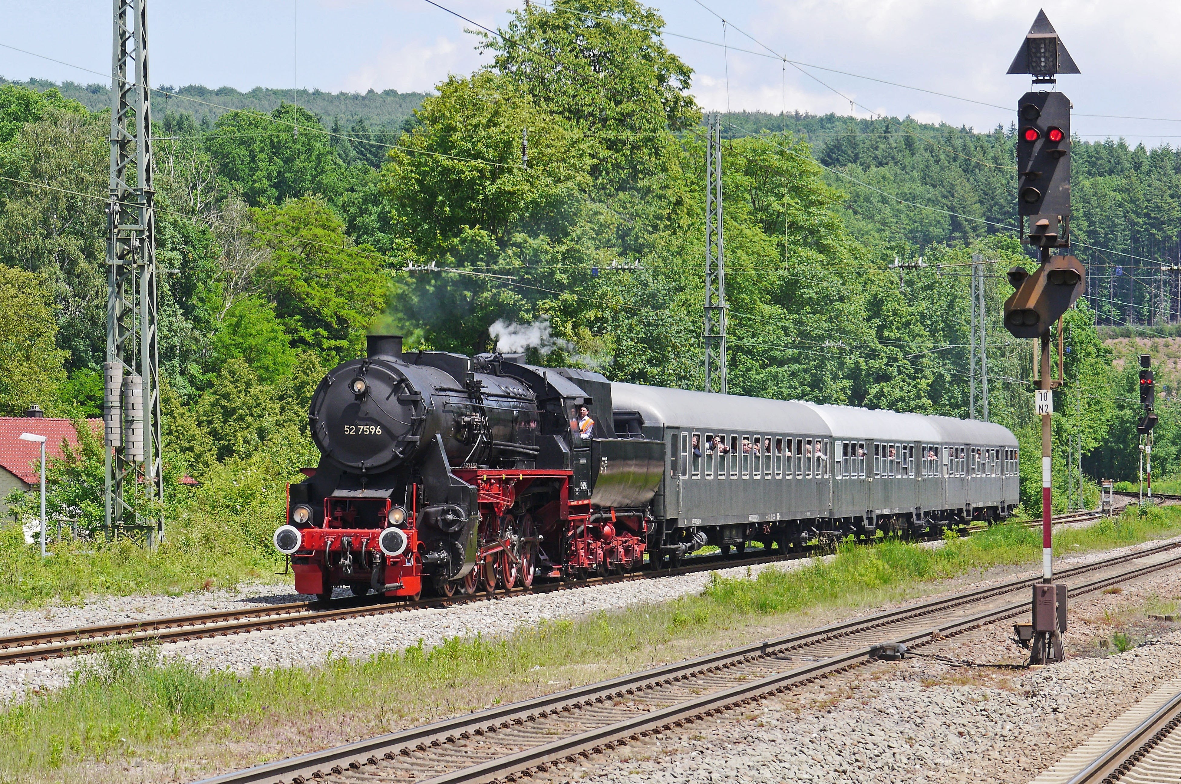 train, mode of transportation, br52, railway enthusiasts, early summer, steam, day, outdoors, nature, plant, mode of transport, palatinate, green color, HD Wallpaper