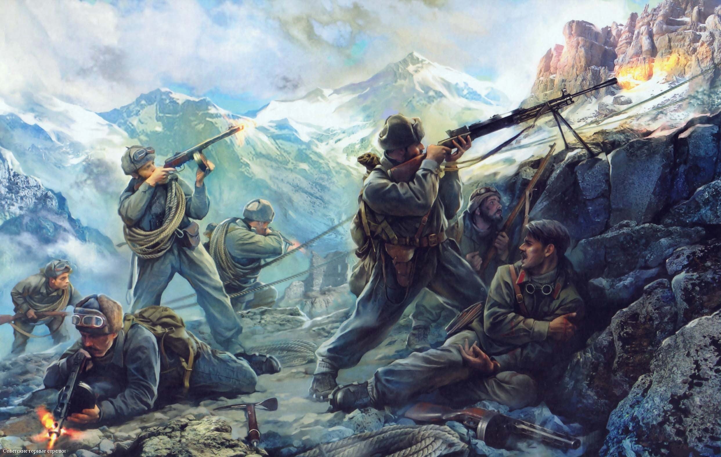 USSR, day, battle mountain, art and craft, scenics, landscape, painting, 1080P, water, men, togetherness, Soviet mountain arrows, army, government, fighting, HD Wallpaper