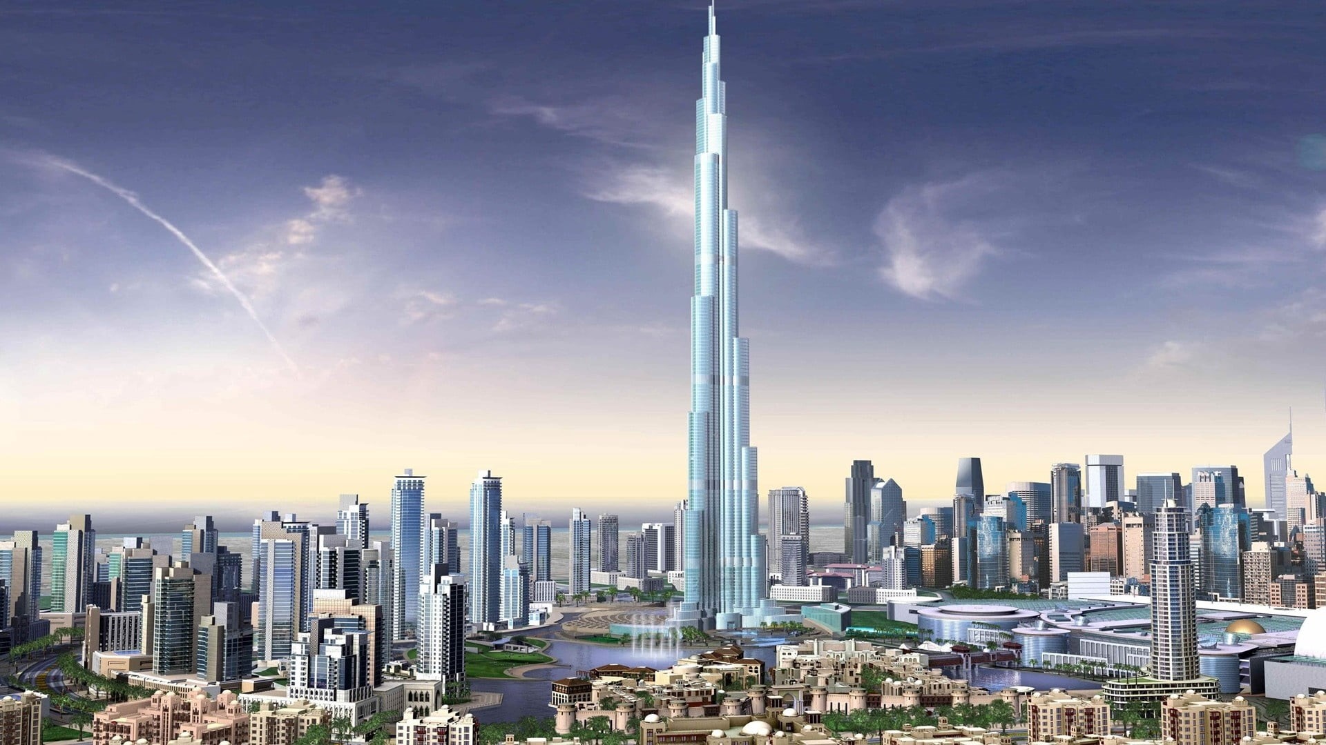 no people, gray, downtown District, burj Khalifa, asia, dubai, landscape, blue, office building exterior, apartment, residential District, sunset, sky, HD Wallpaper