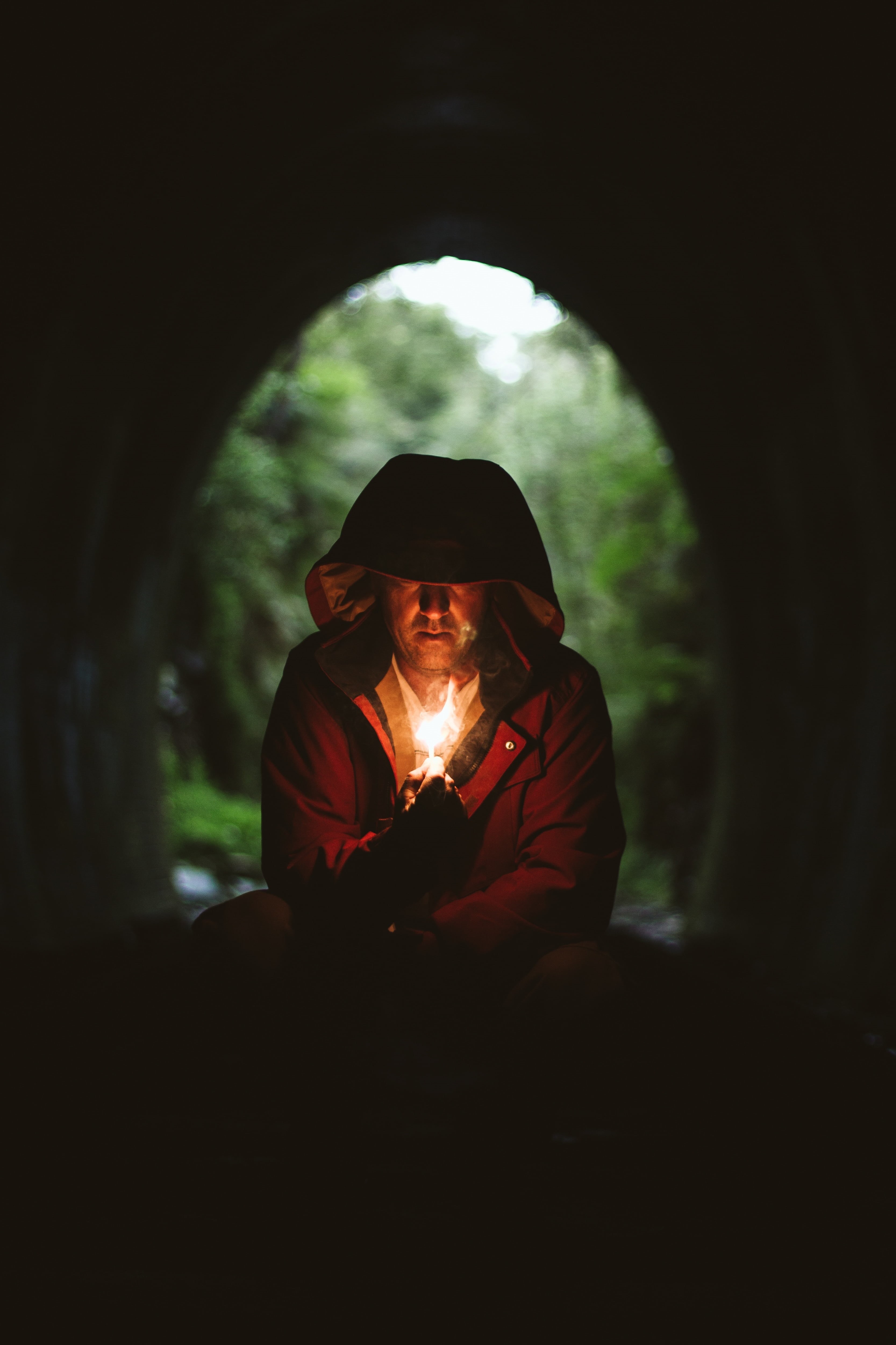 mature men, spooky, tunnel, men, hoodie, mature adult, man, only men, lifestyles, hood, headshot, adult, 4K, males, leisure activity, holding, dark, red, Phone HD Wallpaper
