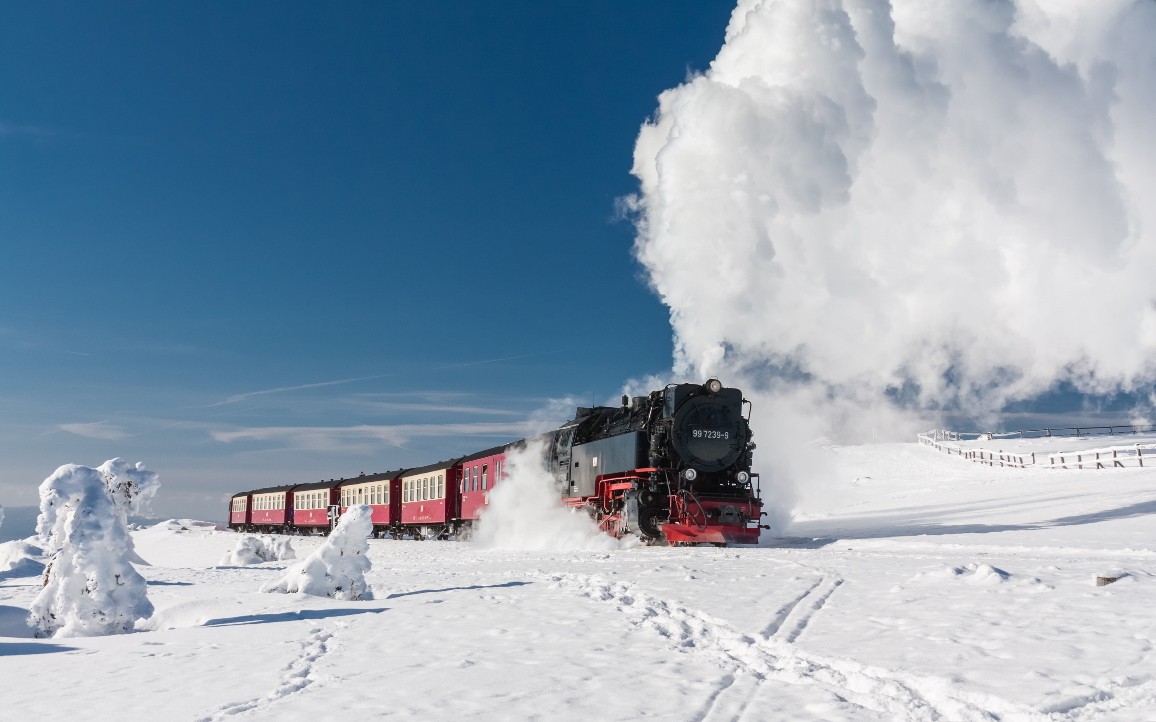 4K, snow, train, vehicle, steam locomotive, HD Wallpaper