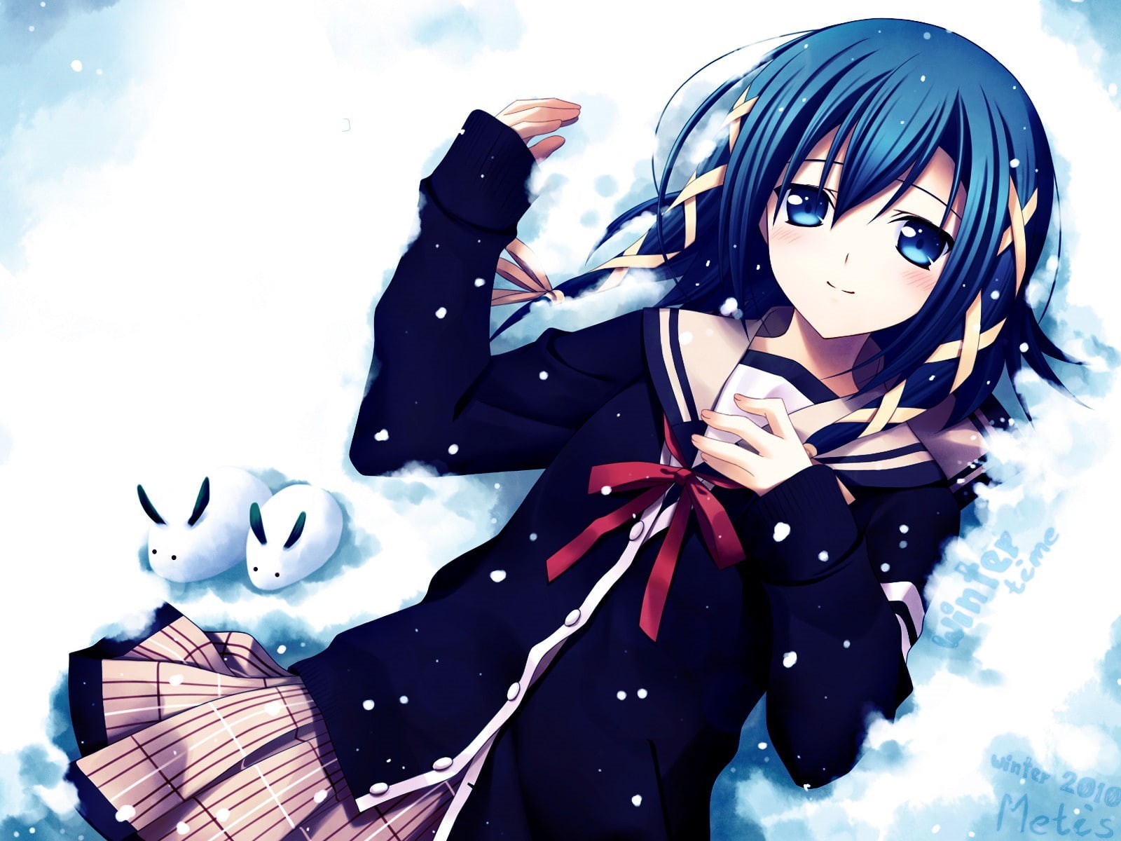 schoolgirl, Signal Heart, blue hair, snow, blue eyes, Goutokuji Akira, anime girls, school uniform, 720P, HD Wallpaper