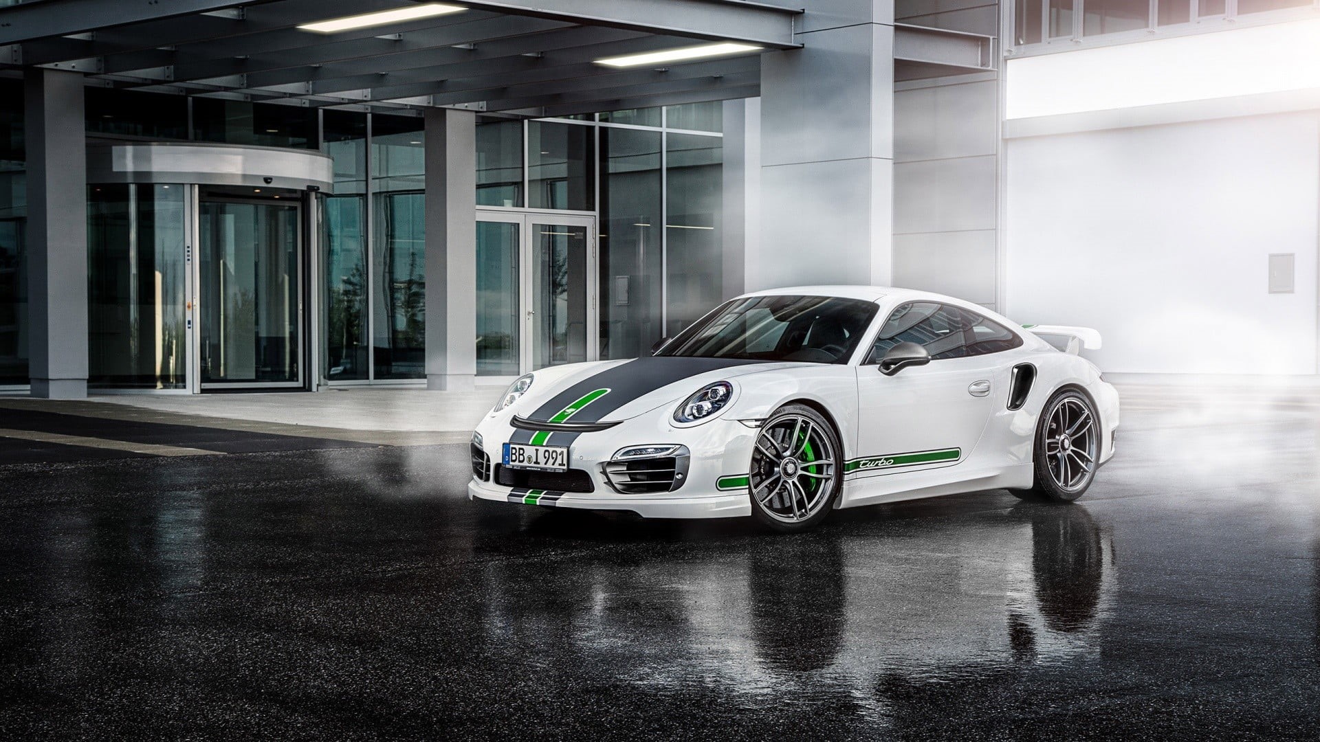 wet, car, motion, Porsche 911 Turbo, glass - material, sports, built structure, city, architecture, wealth, TechArt, speed, reflection, white, day, no people, HD Wallpaper