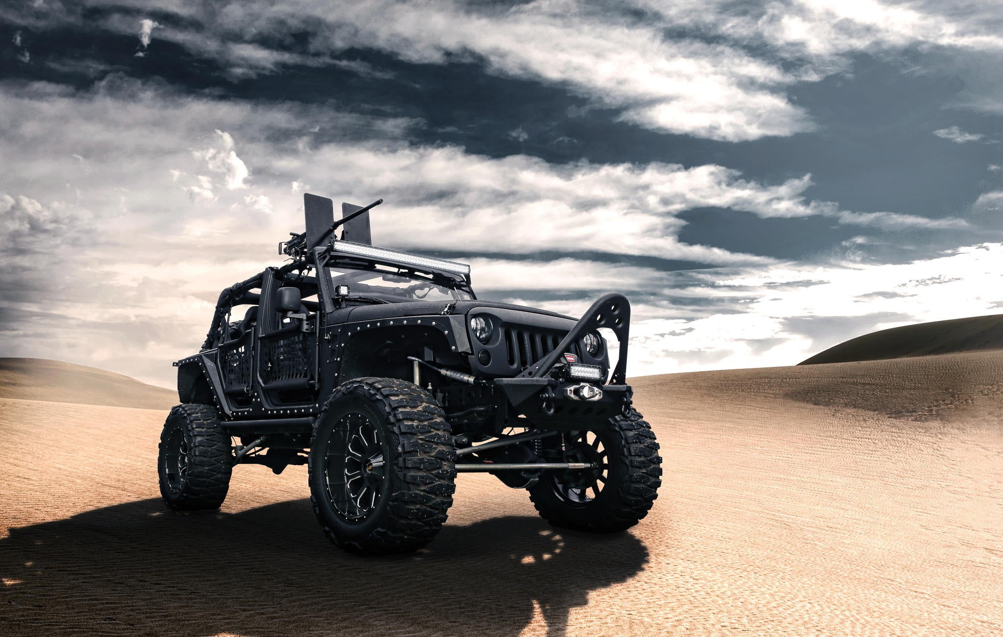sunlight, 1080P, land Vehicle, landscape, environment, climate, sand, desert, nature, motor vehicle, extreme Terrain, extreme Sports, machine gun, Wrangler, HD Wallpaper