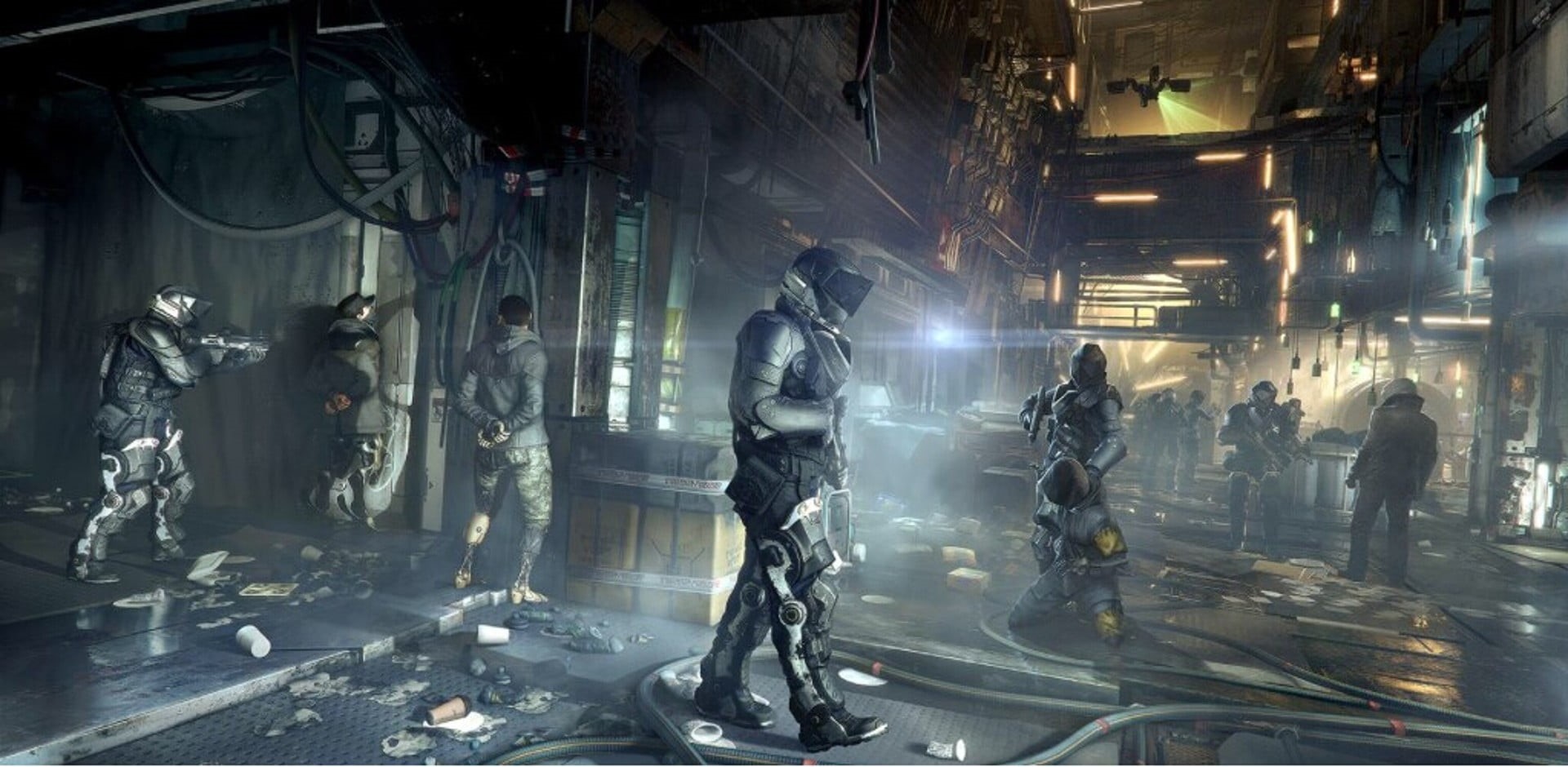  standing, built structure, group of people, technology, gun, holding, Deus Ex: Mankind Divided, architecture, night, adult, transportation, indoors, HD Wallpaper