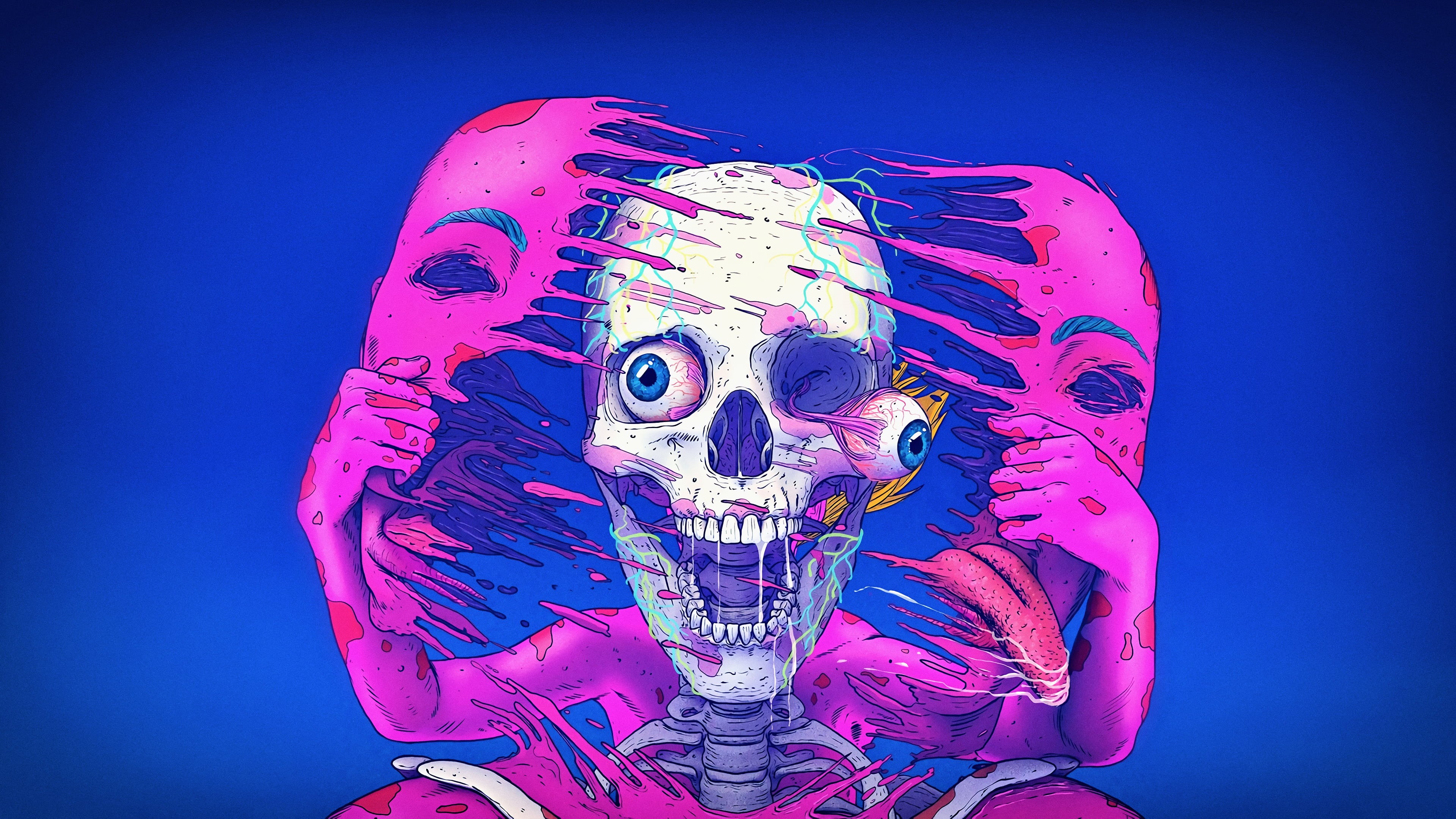 face, blue background, skeleton, fan art, artwork, cyberpunk, closeup, skull, concept art, CGI, science fiction, cyber, 3D, 4K, digital art, futuristic, HD Wallpaper