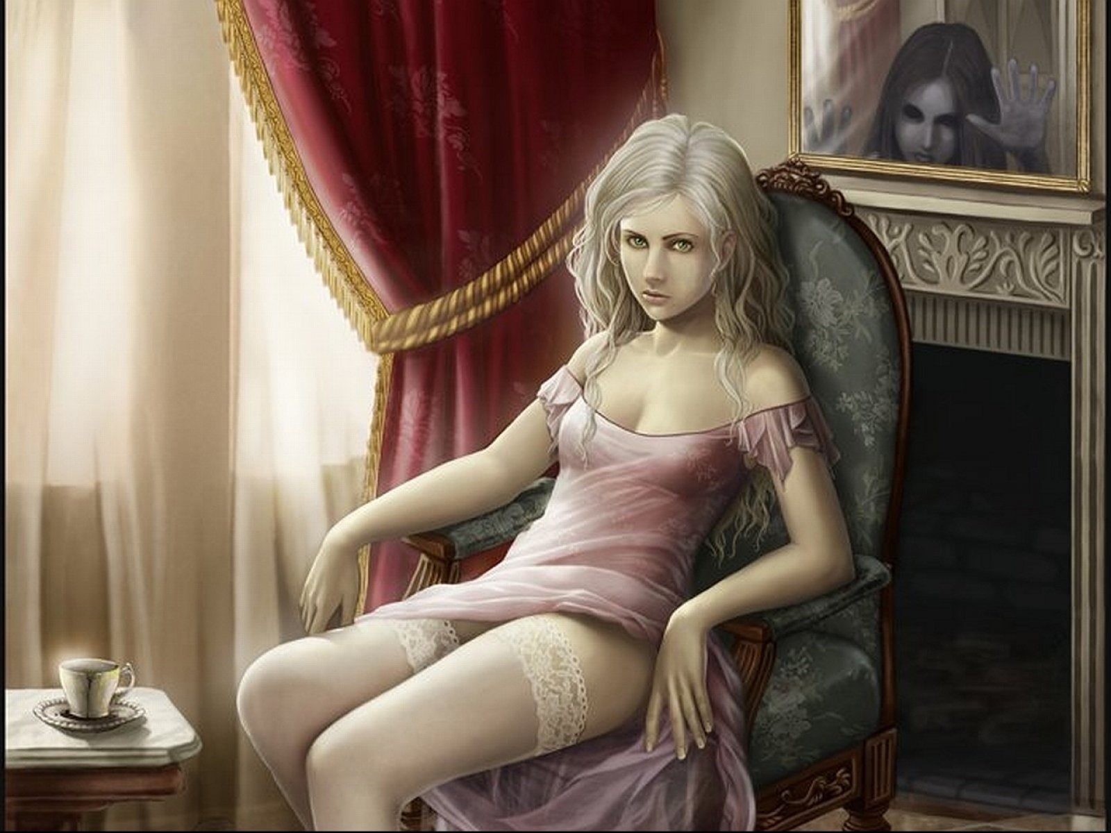 horror, 720P, adult, halloween, Dark, curtain, portrait, Ghost, spooky, women, beauty, clothing, hair, blond hair, creepy, hairstyle, young women, furniture, HD Wallpaper