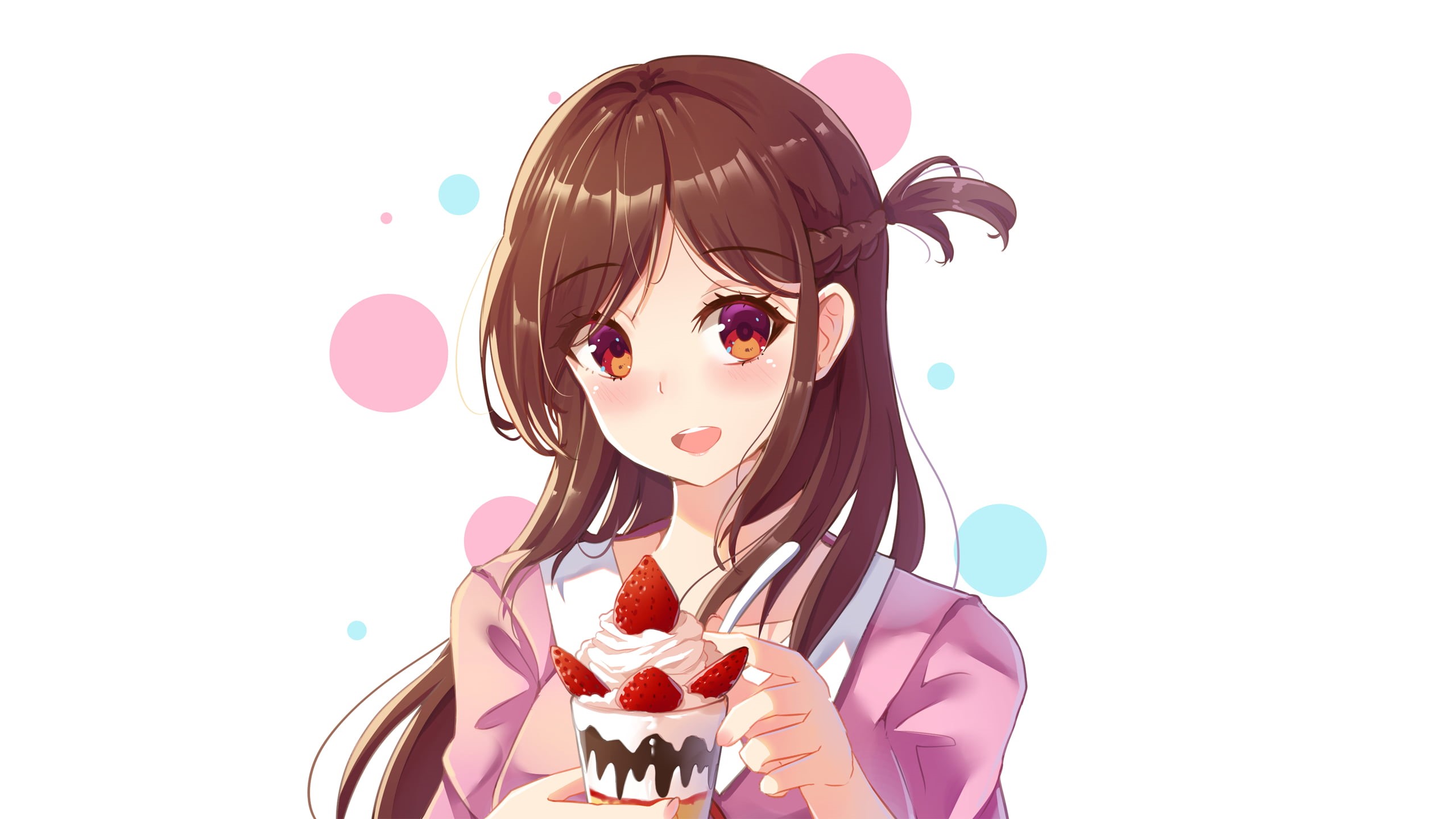 long hair, strawberries, simple background, Chizuru Mizuhara, ice cream, 2K, Kanojo, anime girls, Okarishimasu (Rent-a-Girlfriend), HD Wallpaper