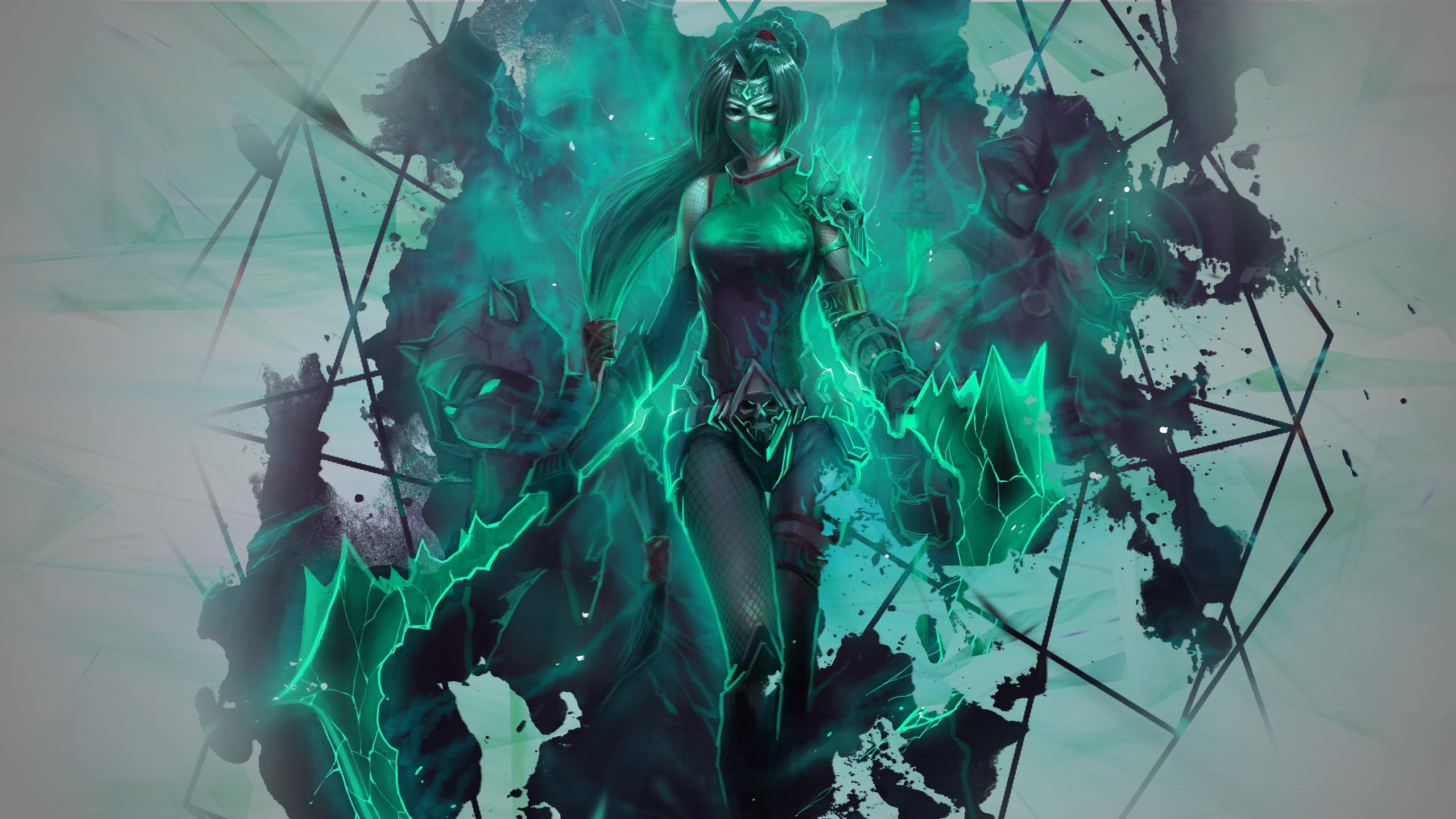close-up, digital composite, turquoise colored, representation, fan art, indoors, water, green color, Photoshop, 2K, edit, Akali, no people, Akali(League of Legends), HD Wallpaper