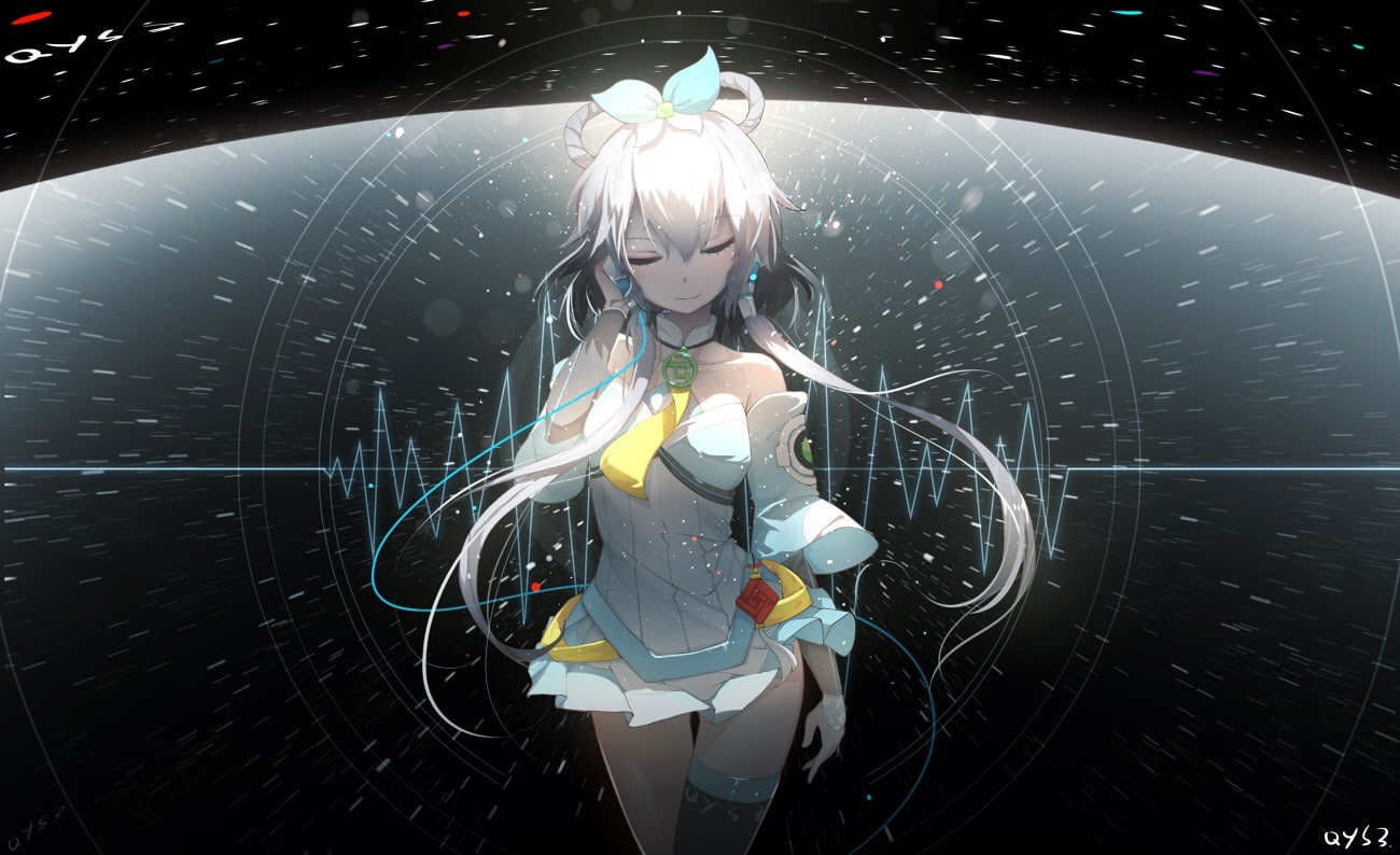 waveforms, 720P, white hair, white dress, audio spectrum, Luo Tianyi, Vocaloid China, HD Wallpaper