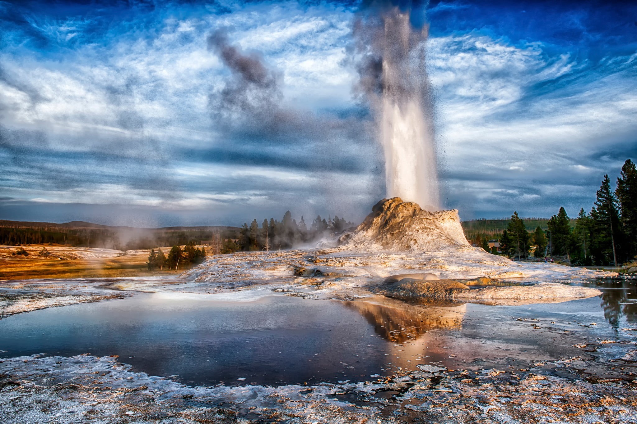 day, reflection, water drops, nature, water, power, flowing, Wyoming, hot spring, scenics - nature, rock, forest, sky, trees, beige, geysers, heat - temperature, HD Wallpaper