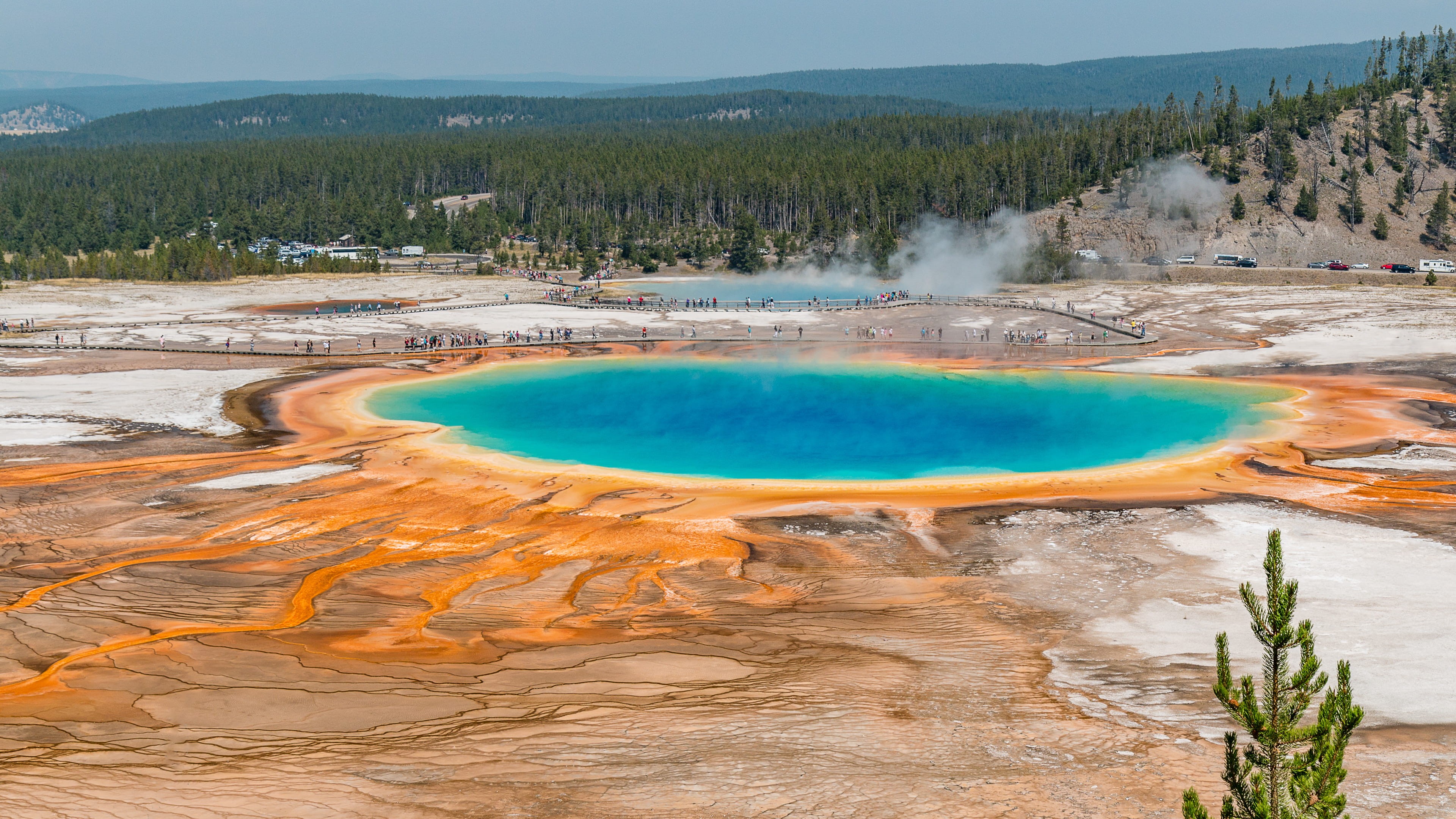4K, scenics - nature, grand prismatic spring, color, volcanic crater, outdoors, tree, travel destinations, turquoise colored, power in nature, nature, HD Wallpaper