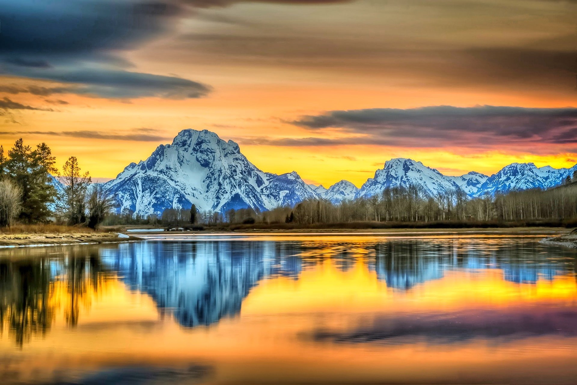 beauty in nature, nature, snowcapped mountain, cloud - sky, colorful, tranquility, lake, sky, idyllic, mountains, trees, cold temperature, scenics - nature, HD Wallpaper
