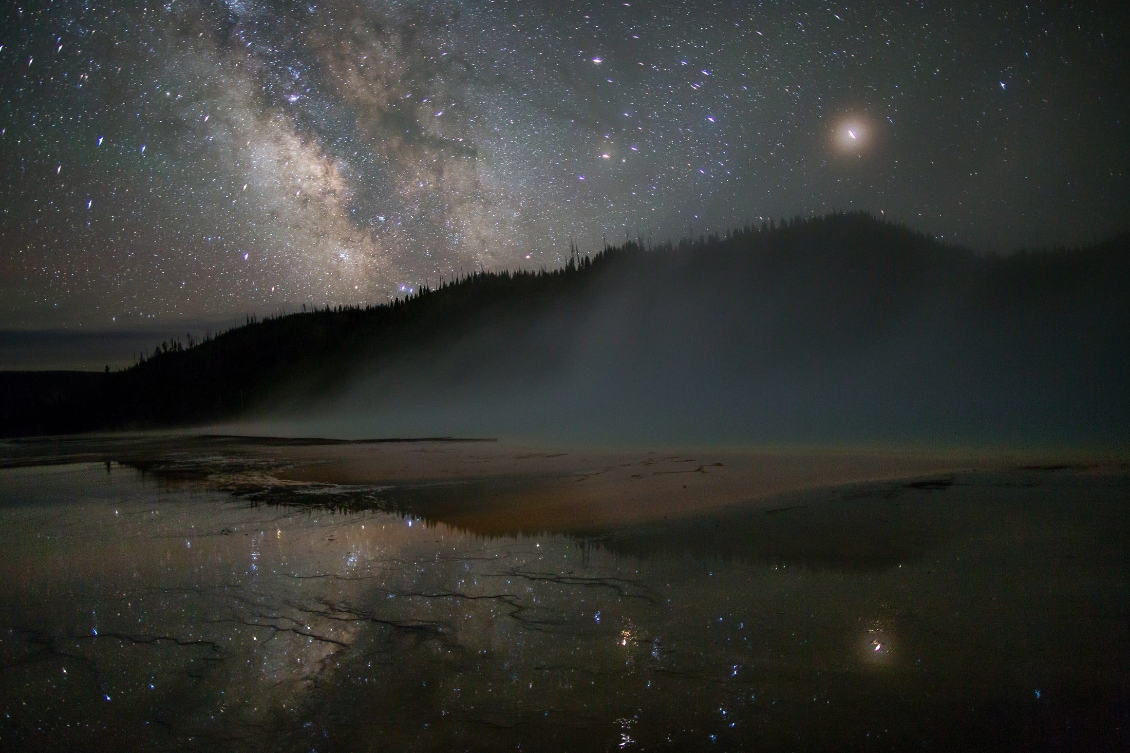 nature, astronomy, colorful, dark, star - space, landscape, geothermal, cosmos, mountain, stars, silhouettes, trees, 1080P, night, no people, reflection, HD Wallpaper