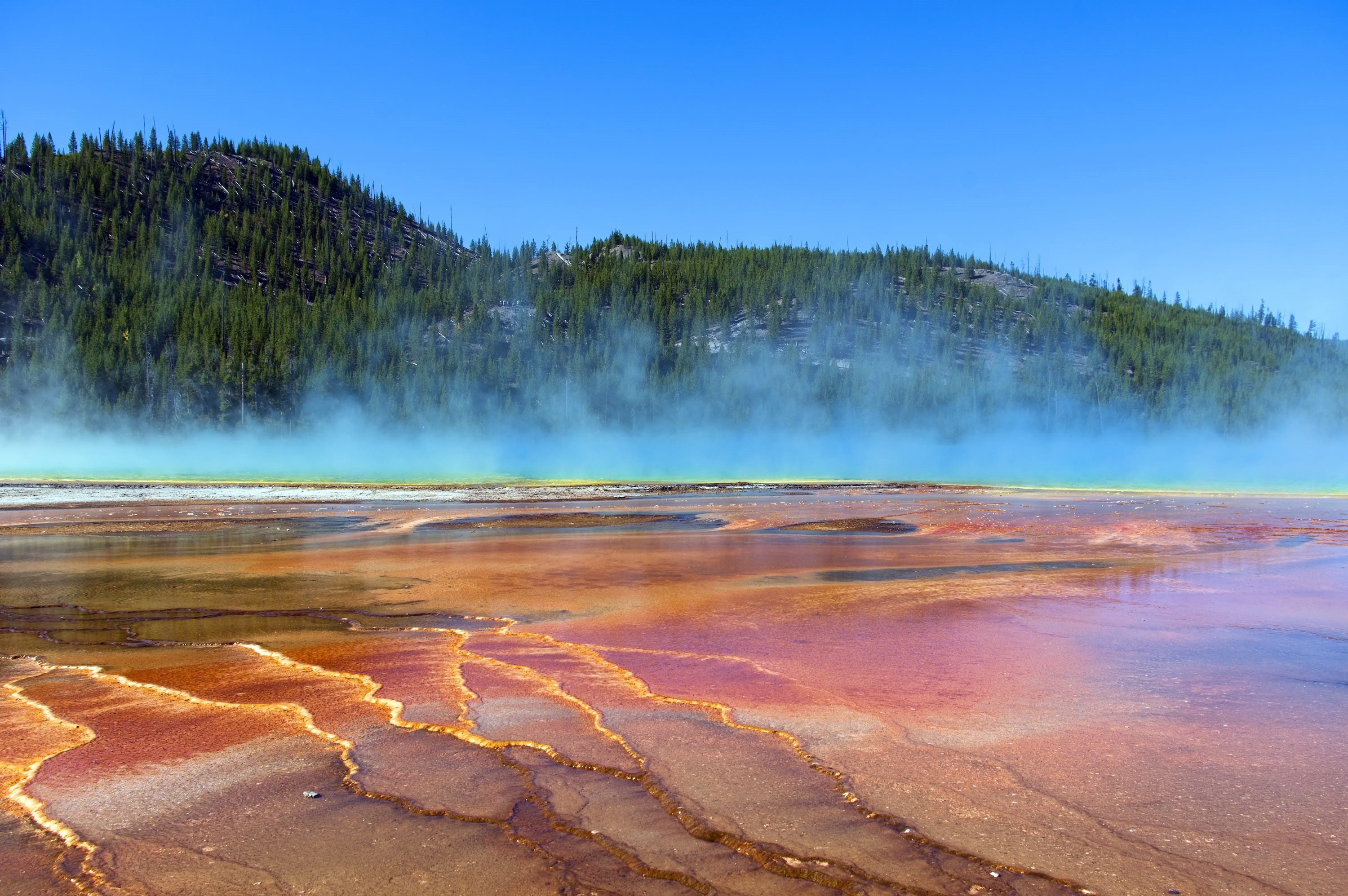 travel, national, orange, tranquility, scenics - nature, beauty in nature, tranquil scene, mountains, nps, spring, heat - temperature, yellowstone, usa, HD Wallpaper