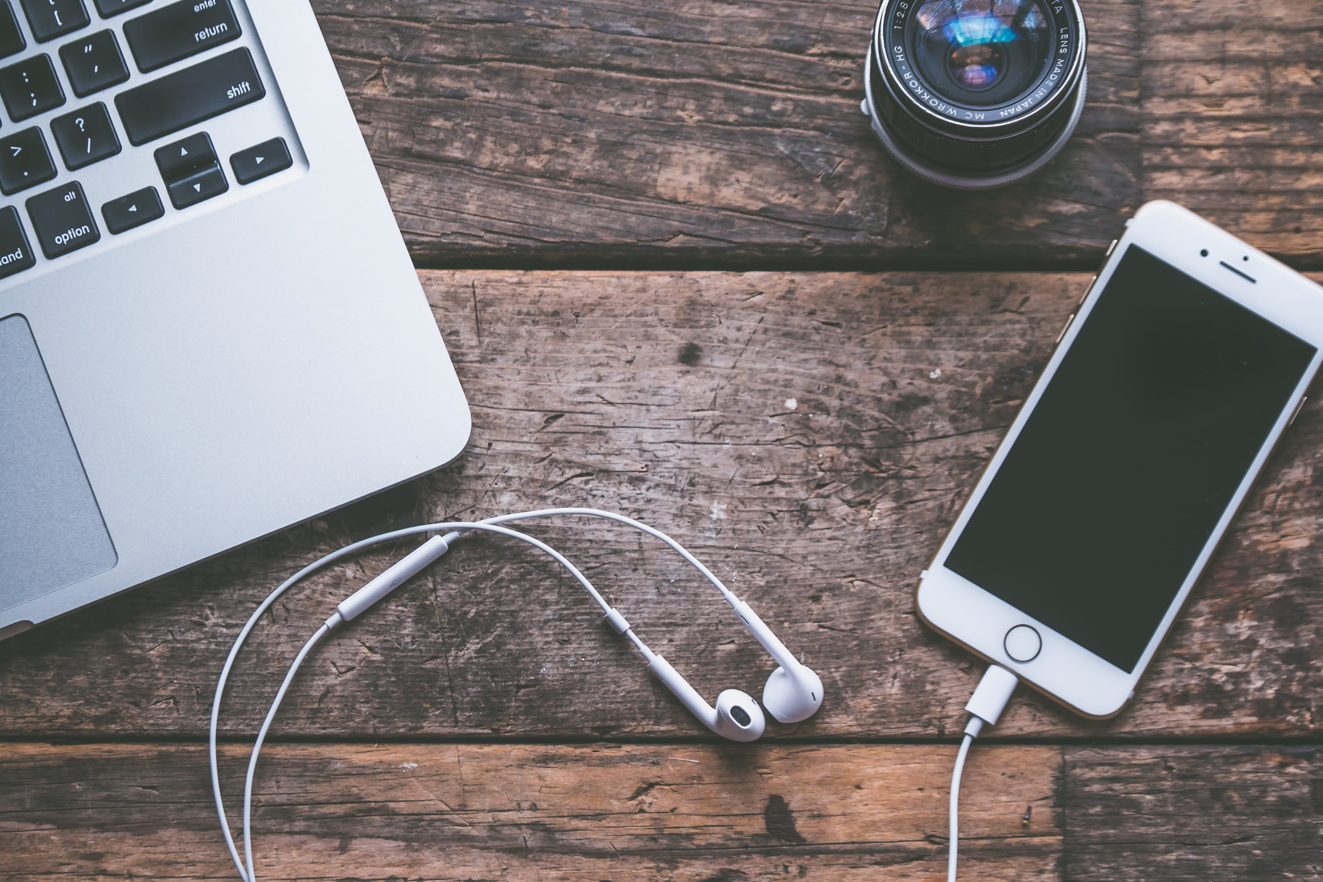 iphone, high angle view, mobile phone, computer equipment, wireless technology, macbook, device, phone, table, gadgets, earphones, communication, wood - material, HD Wallpaper
