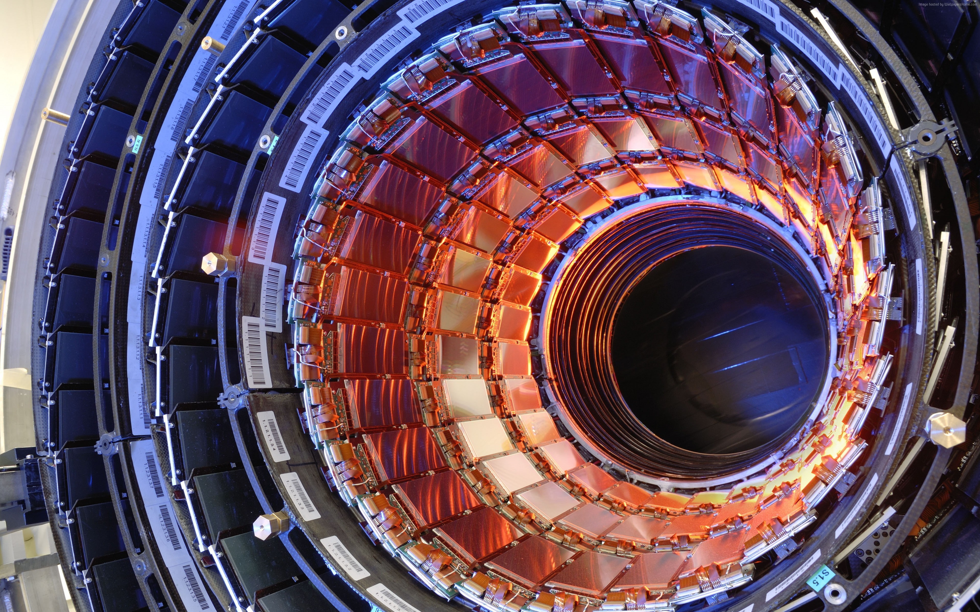 CERN., backgrounds, spiral, full frame, built structure, design, Large Hadron Collider, circle, LHC, pattern, illuminated, close-up, metal, indoors, no people, HD Wallpaper