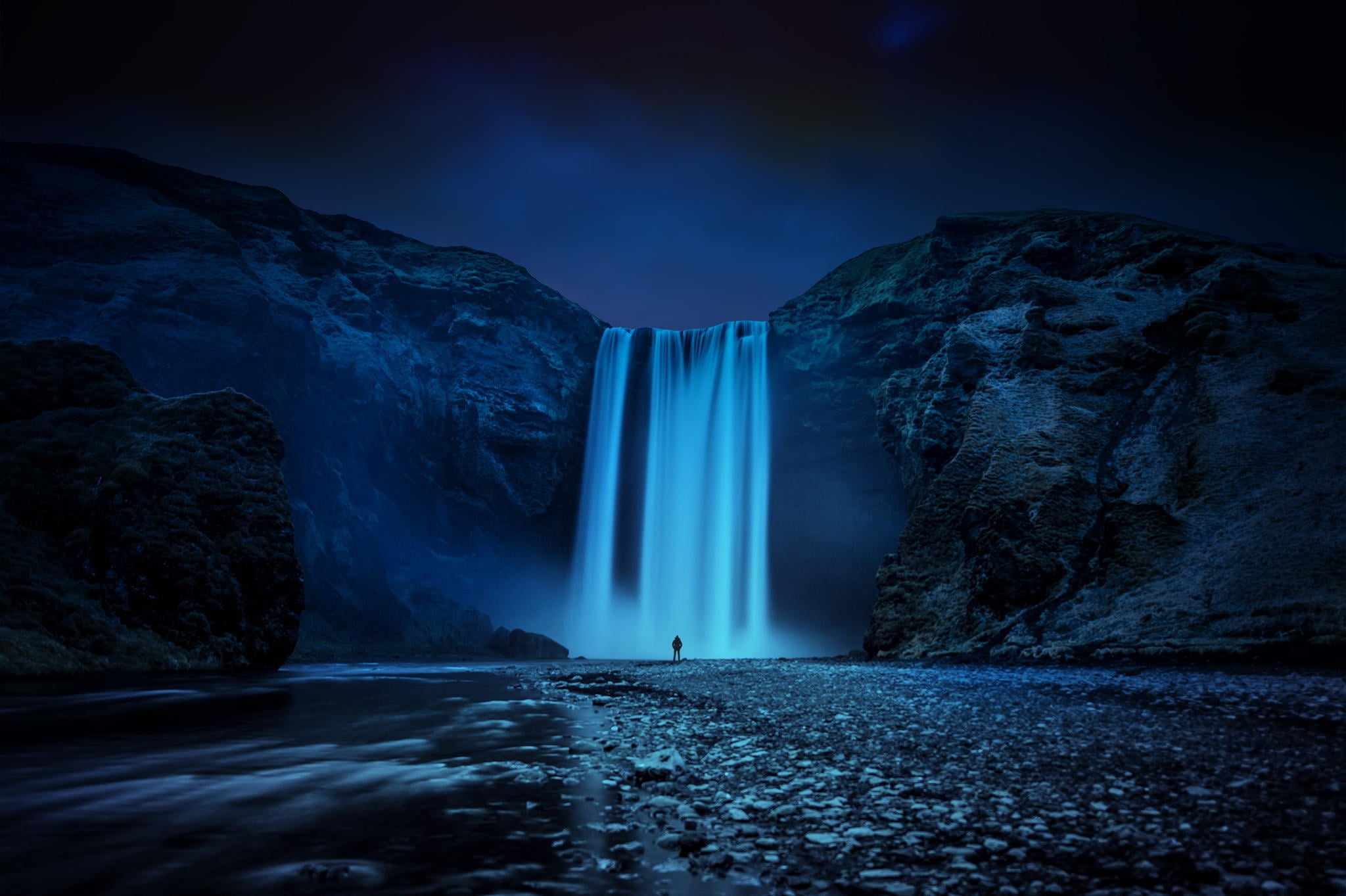 solid, waterfall, astronomy, night, power in nature, rocks, rock formation, stream, Skogafoss, long exposure, no people, Skogarfoss, environment, blue, HD Wallpaper