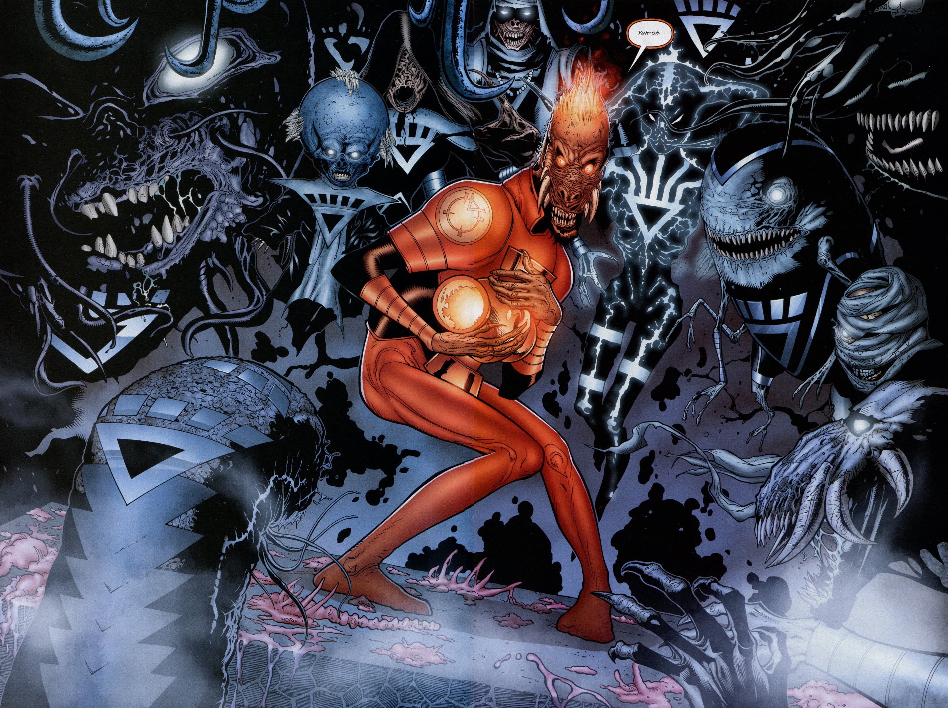 still life, representation, comics, orange, high angle view, skeleton, comic art, illustration, monster, Larfleeze, creativity, table, human skeleton, 2K, HD Wallpaper