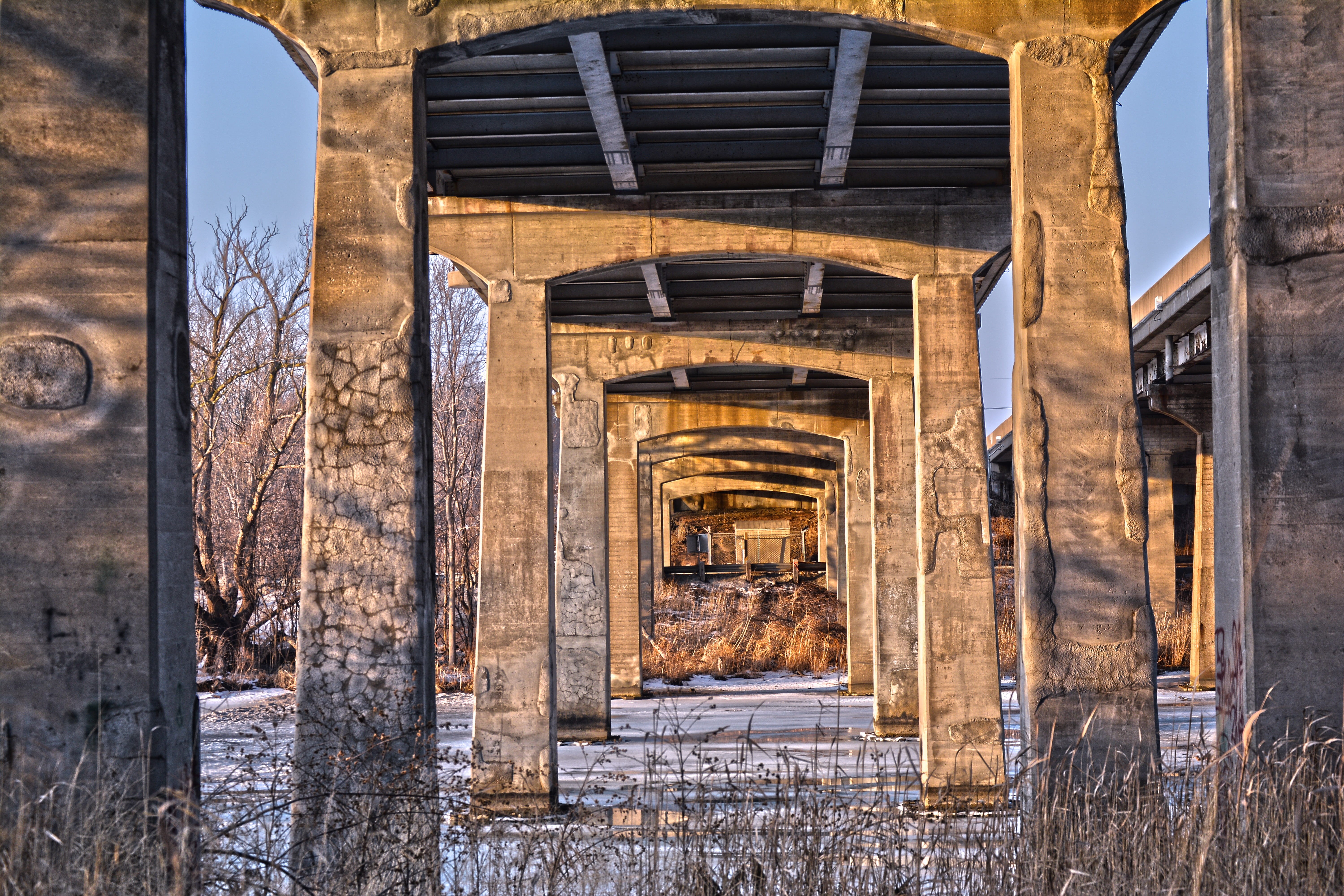nature, perspective, architectural column, environment, pov, day, damaged, overpass, architecture, building exterior, history, built structure, 5K, bridge, HD Wallpaper