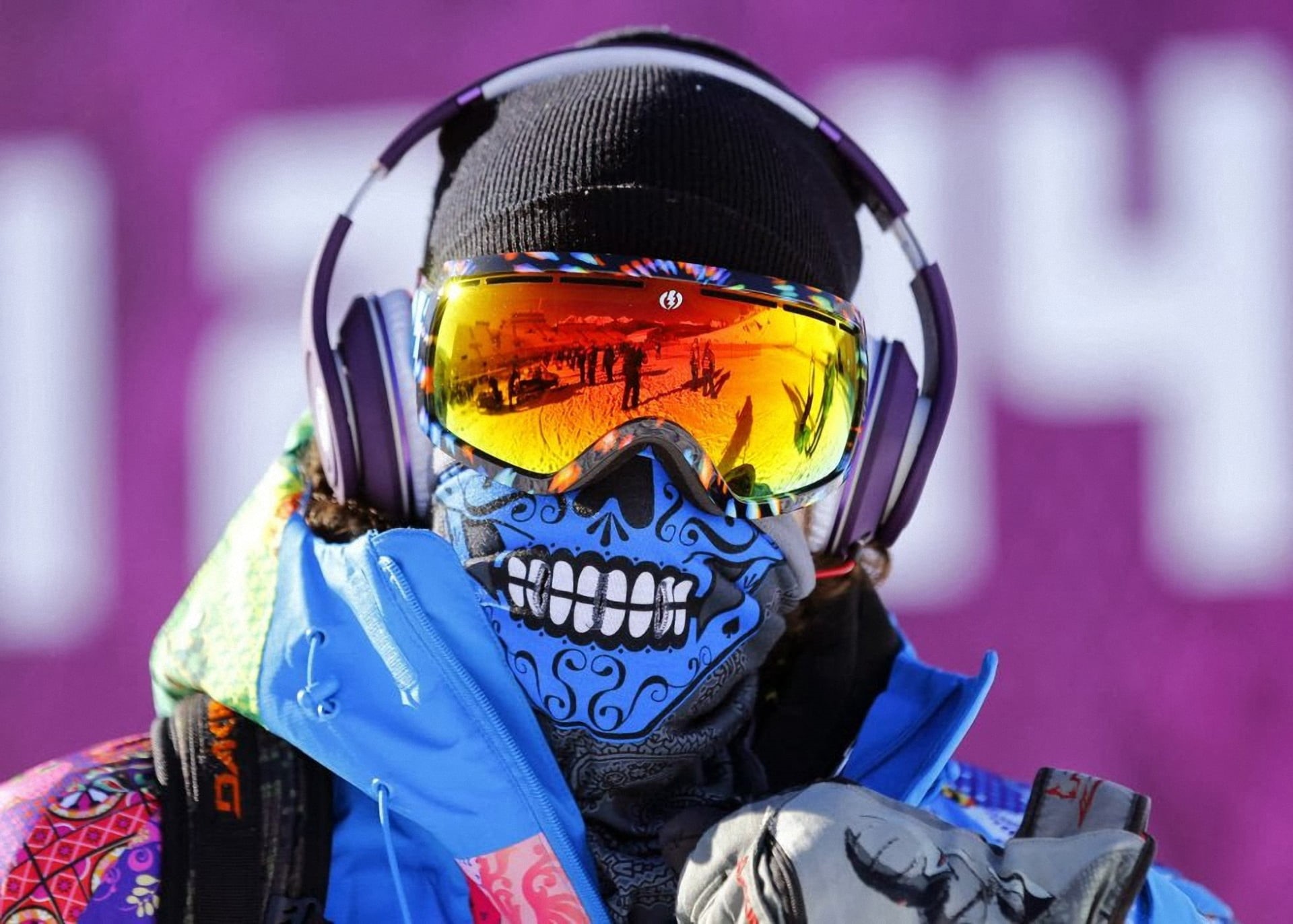 skiing, equipment, black, snow, headphones, uniform, cordless, winter sport, protective Mask - Workwear, men, purple, safety, clothing, cold temperature, HD Wallpaper