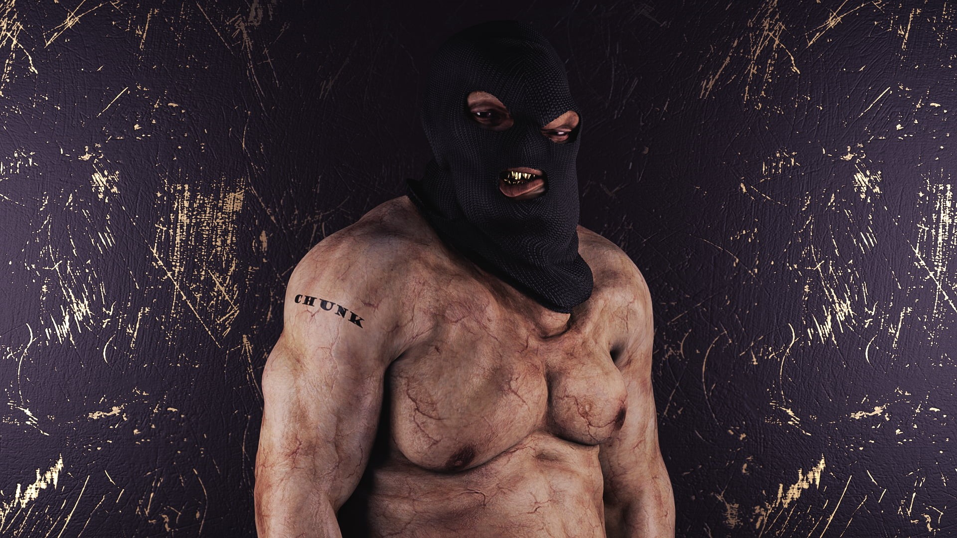 digital art, skin, gold teeth, Masked, 1080P, tattoo, fabric, CGI, scratches, biceps, gold, black, chunk, muscles, texture, The Goonies, Sloth Goonies, HD Wallpaper