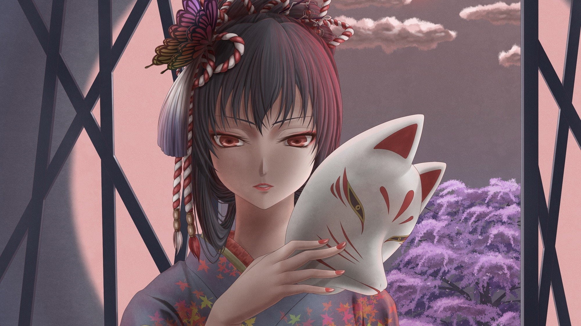 cherry, characters, black, kitsunemimi, butterflies, ropes, clouds, red, anime, clothes, blossoms, ornaments, bun, masks, 1080P, traditional, faces, open, HD Wallpaper