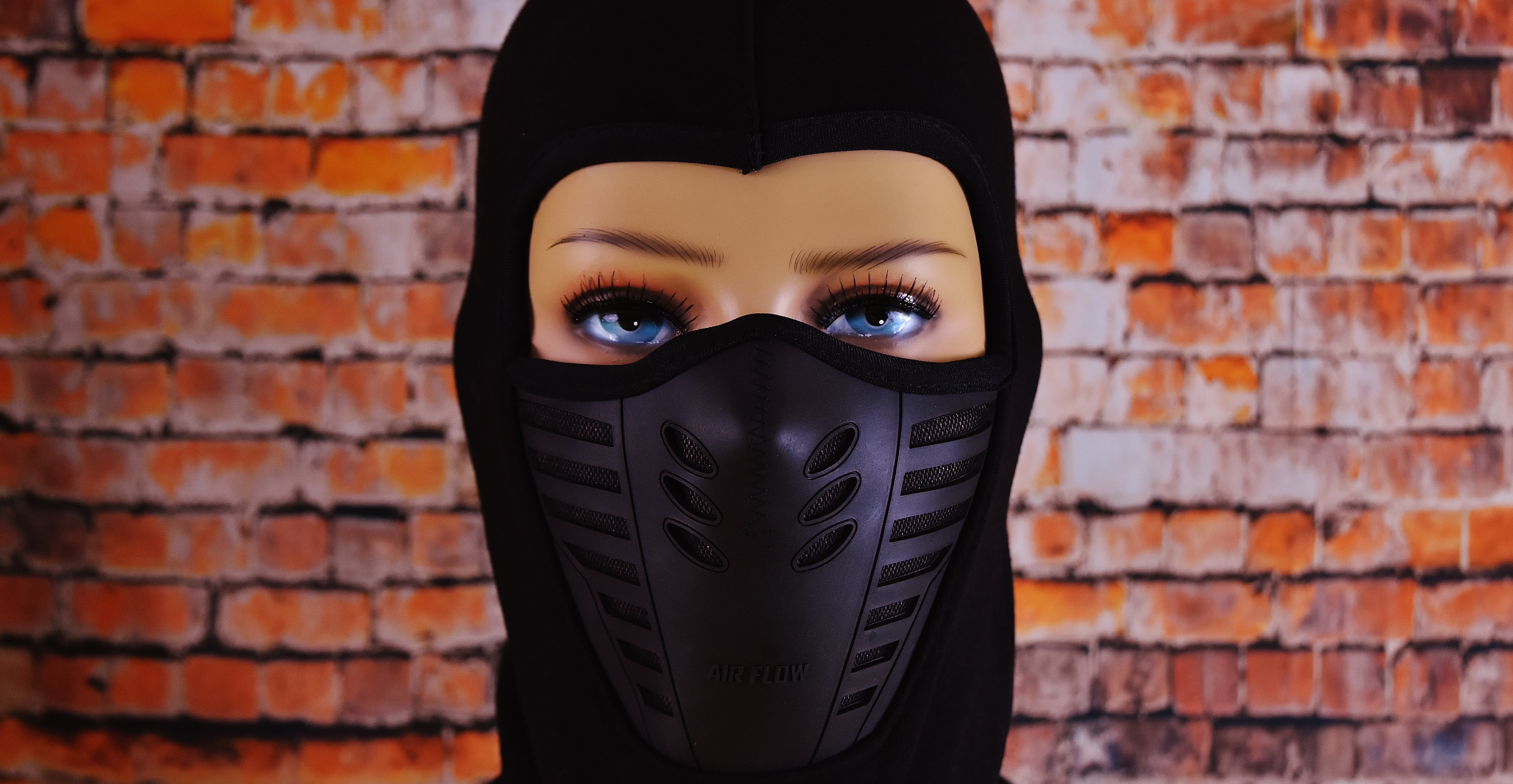 obscured face, young adult, woman, wall - building feature, brick wall, ski mask, brick, headwear, one person, 5K, adults only, looking at camera, front view, HD Wallpaper