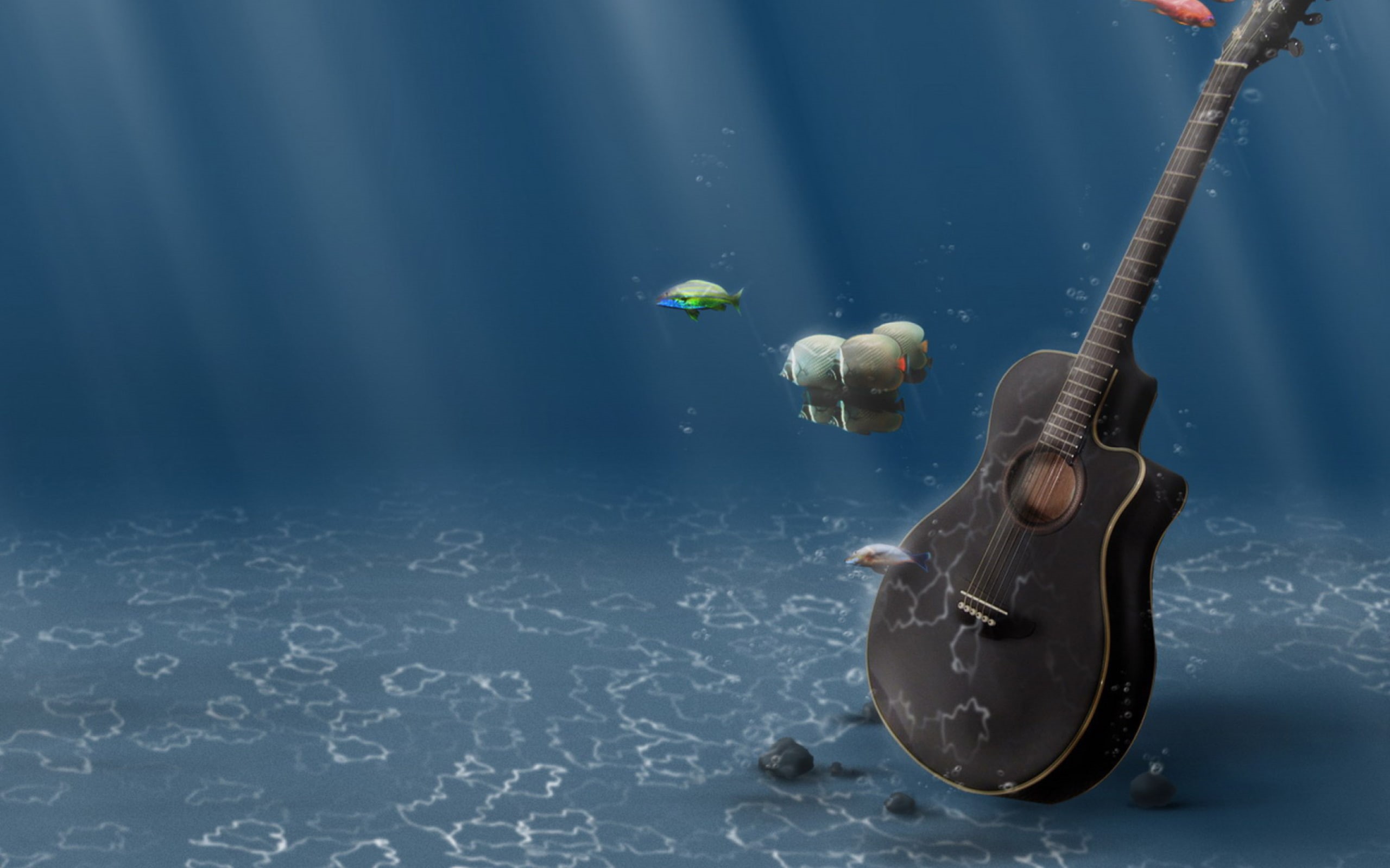 2K, d, music, artistic, guitar, sea, musical instruments, fish, instruments, underwater, 3d, musical, HD Wallpaper