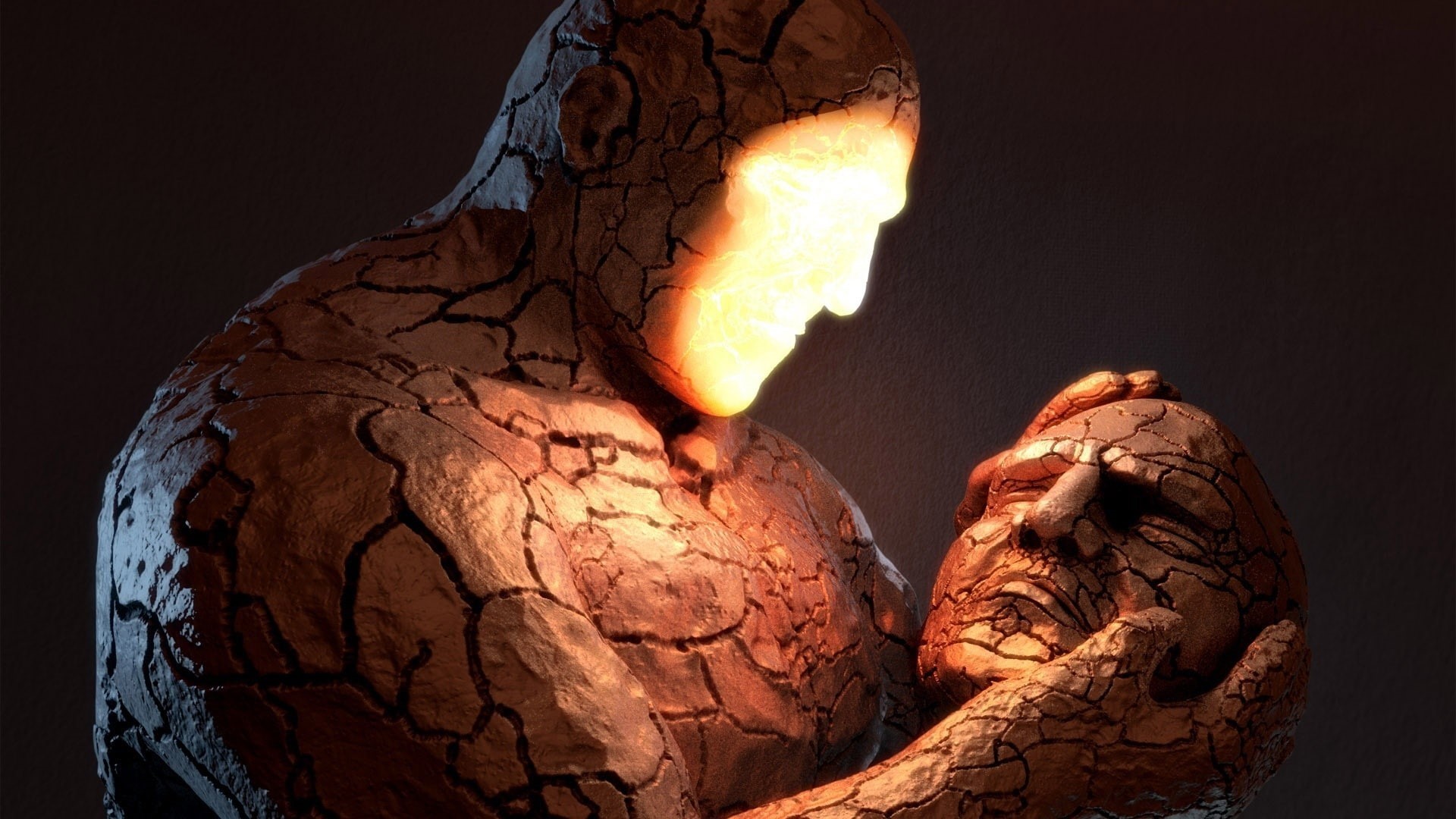nature, no people, cracked, body part, Thing, human skeleton, burning, brown, illuminated, spooky, Marvel Comics, black background, indoors, representation, HD Wallpaper